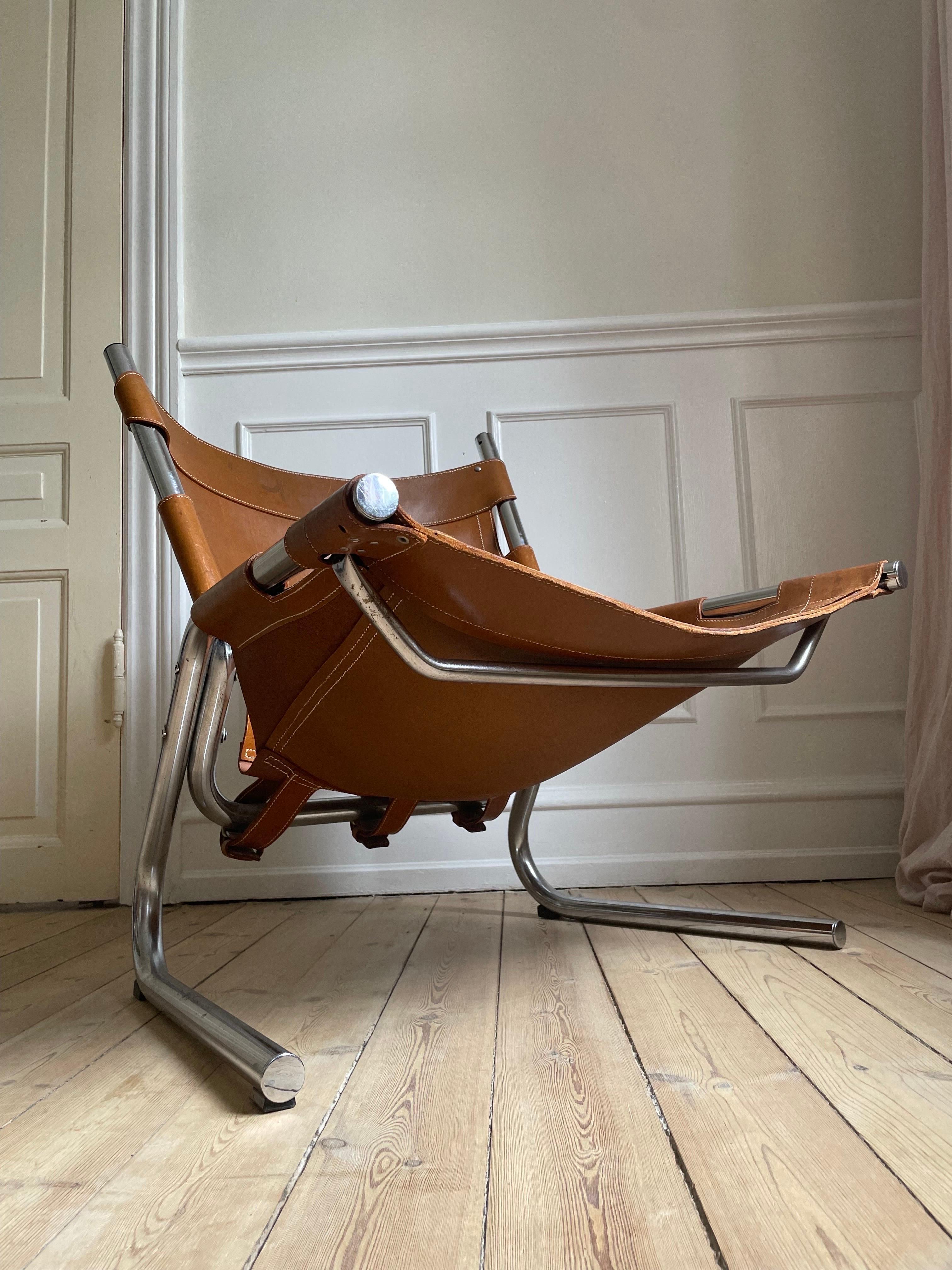 Vintage Pierre Paulin Style Leather Steel Tubular Lounge Sling Chair, 1960s In Good Condition For Sale In Copenhagen, DK