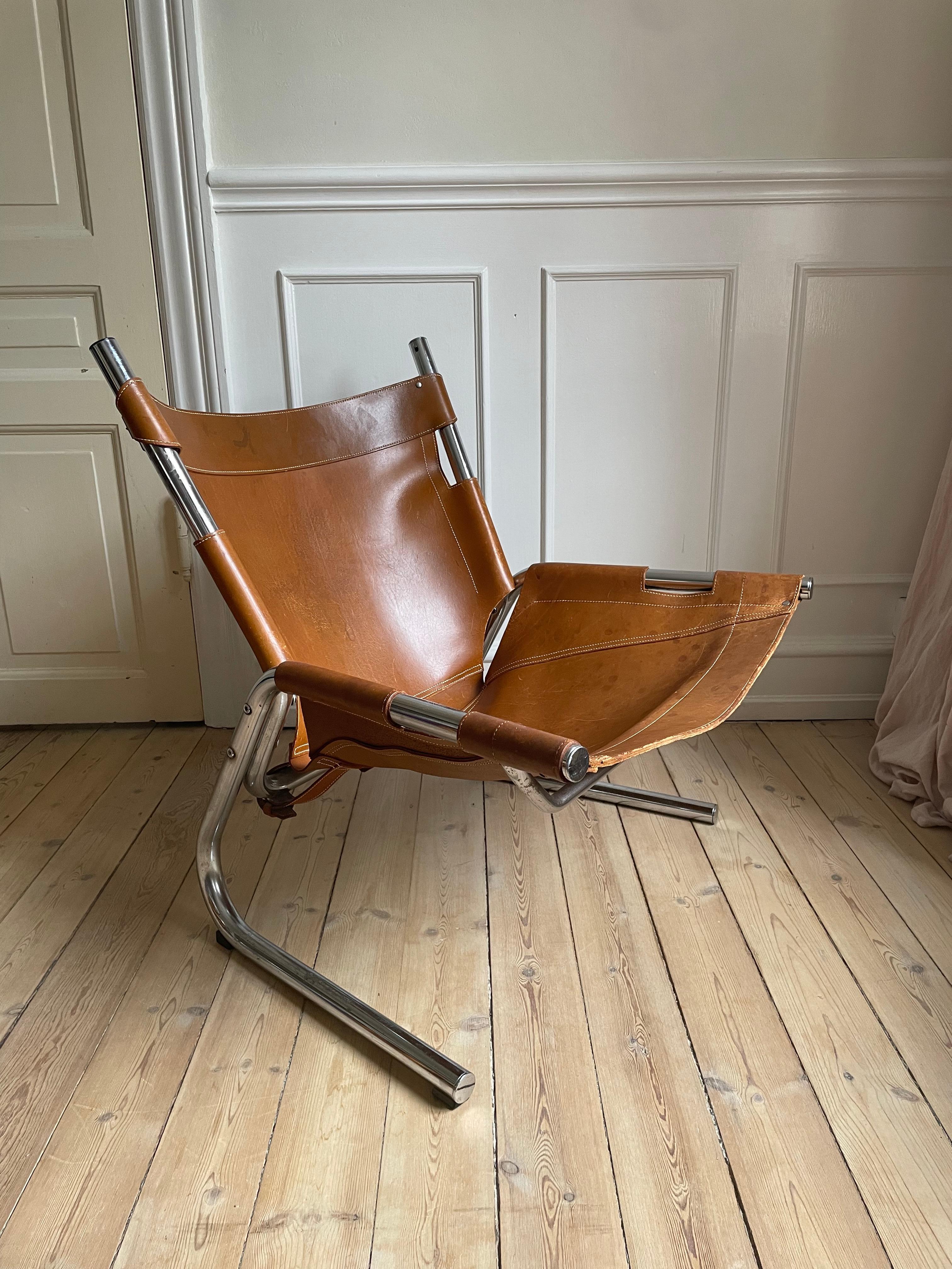 20th Century Vintage Pierre Paulin Style Leather Steel Tubular Lounge Sling Chair, 1960s For Sale