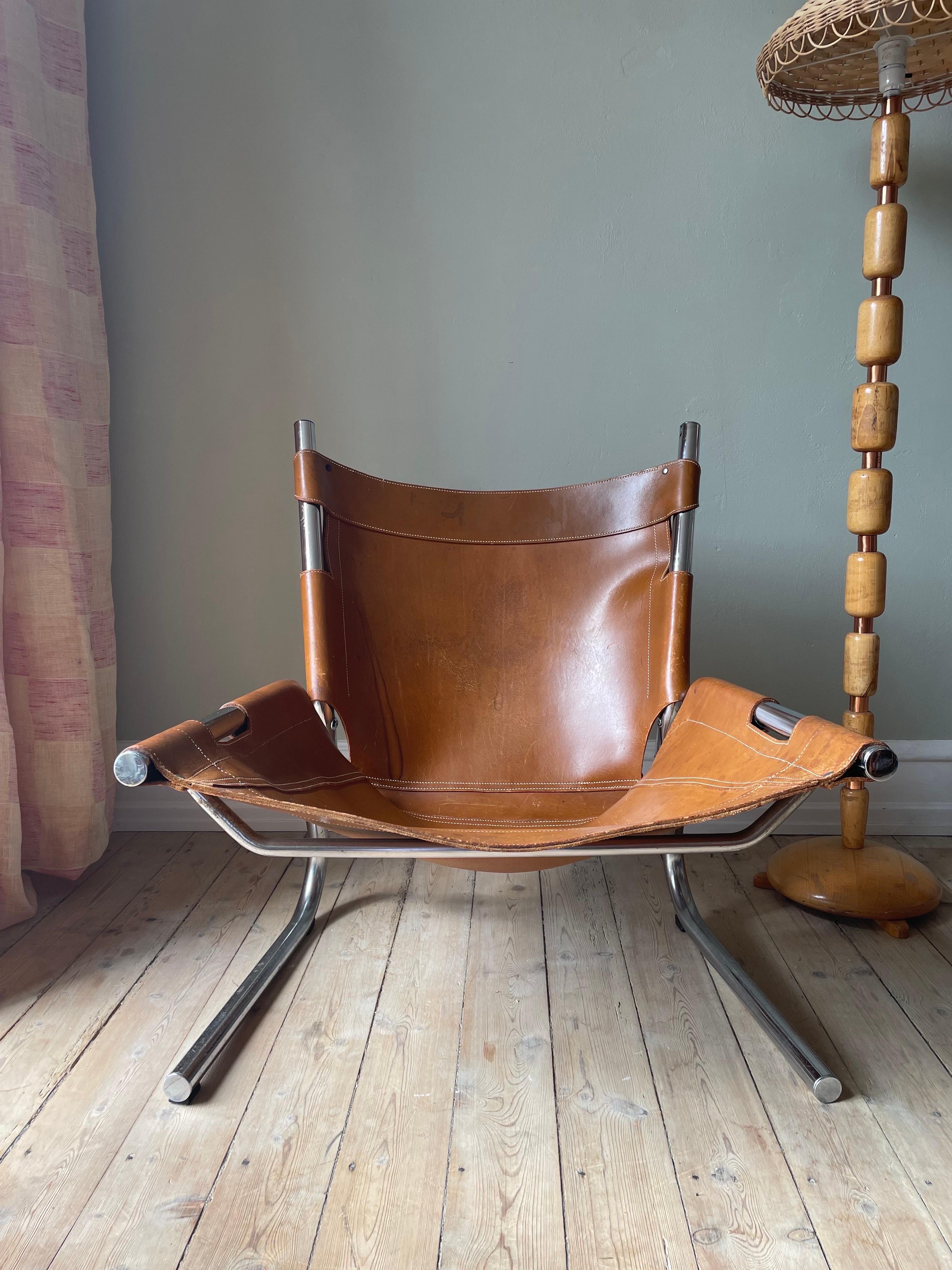 20th Century Vintage Pierre Paulin Style Leather Steel Tubular Lounge Sling Chair, 1960s For Sale