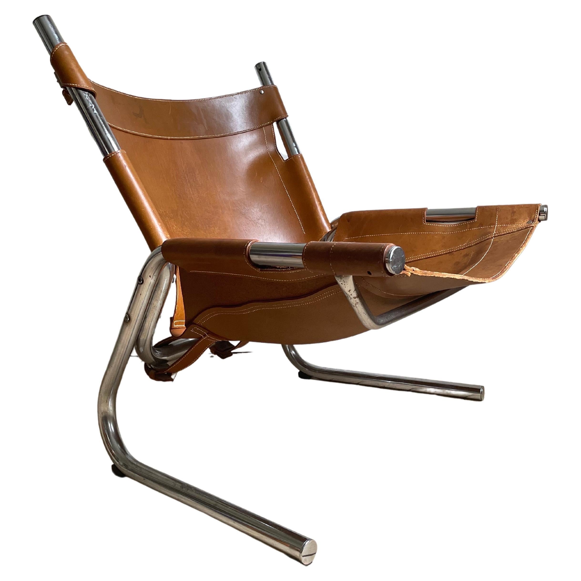 Vintage Pierre Paulin Style Leather Steel Tubular Lounge Sling Chair, 1960s For Sale