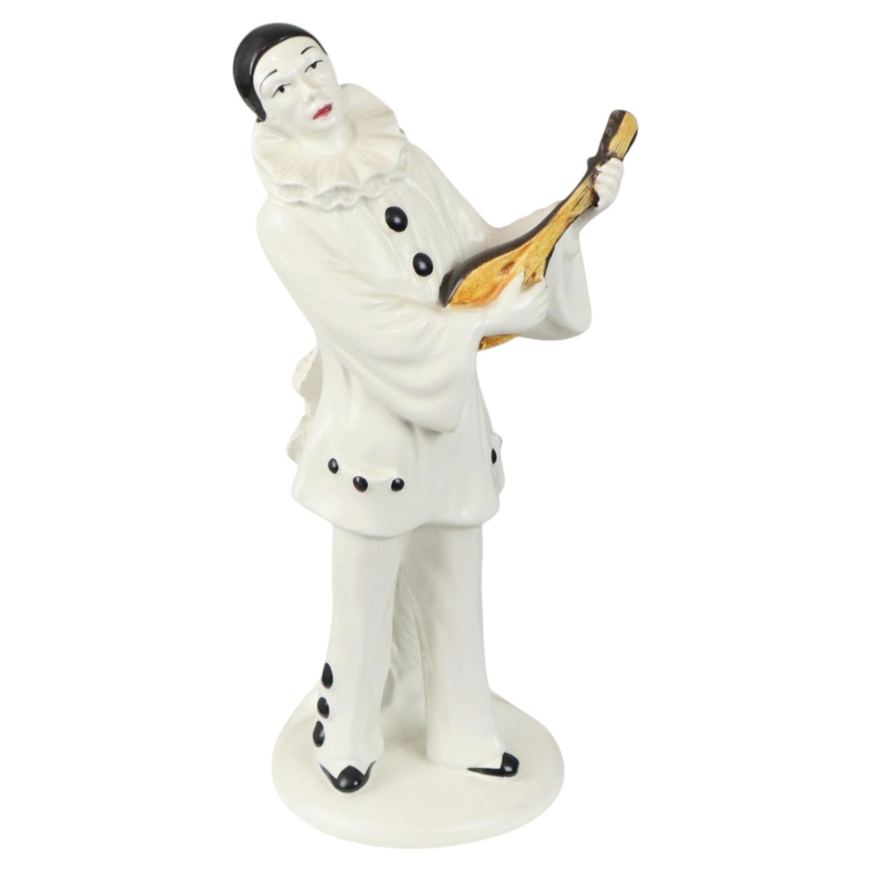 Vintage Pierrot Statue with Lute Ceramic France 31cm