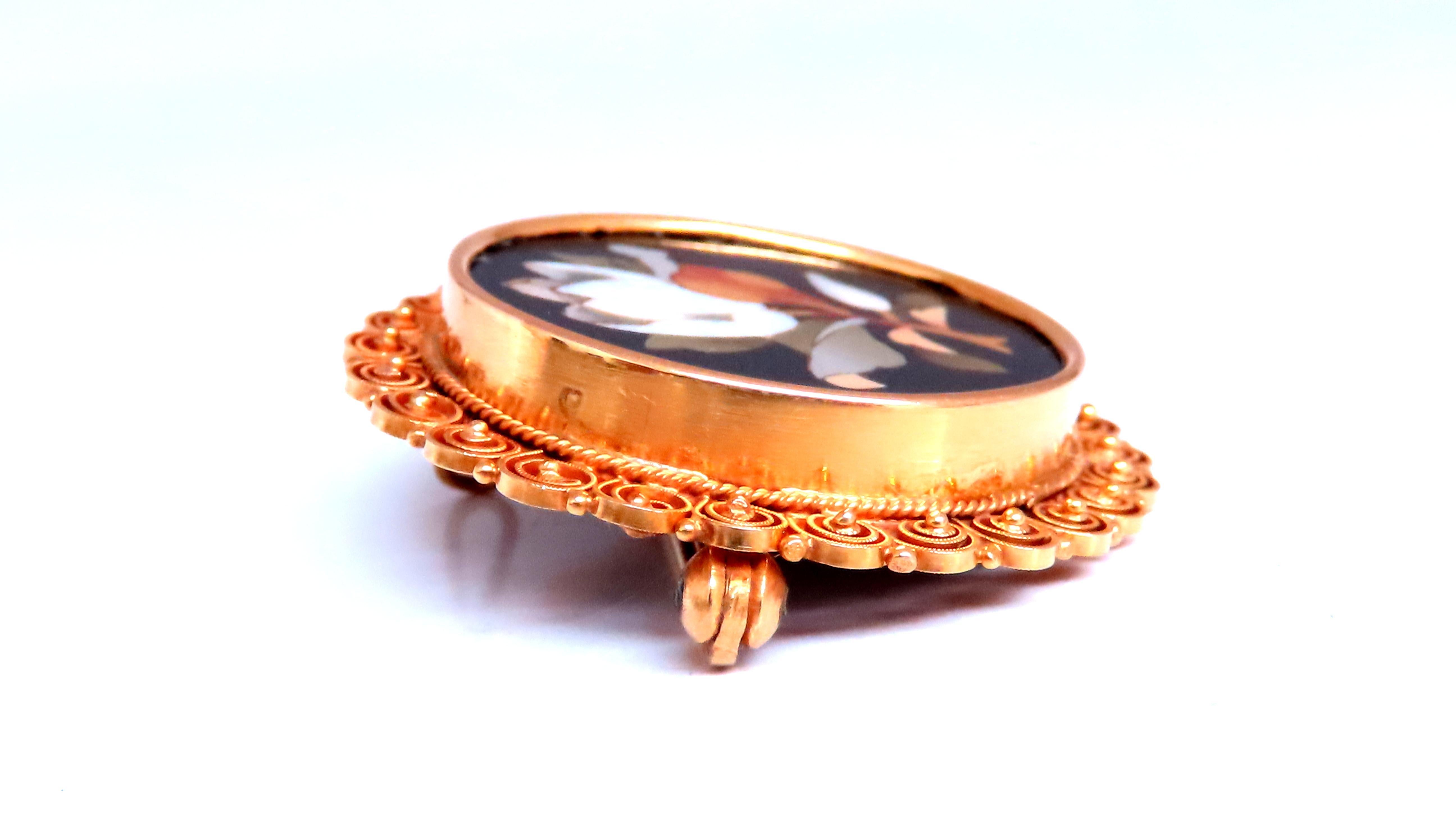 31mm Pietra Dura Inlay Flower Pin
18kt Yellow Gold.
9.5 Grams