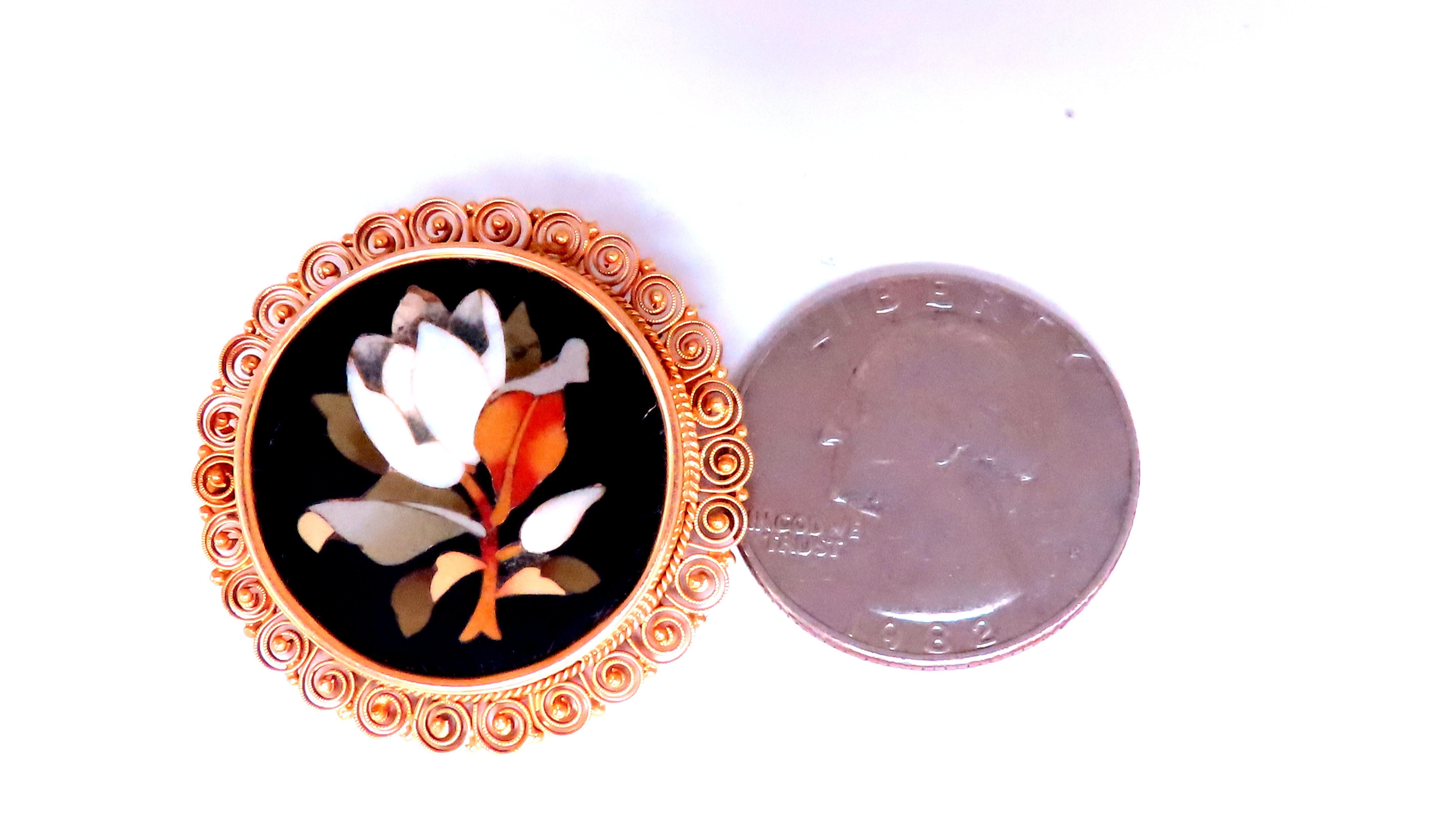 Vintage Pietra Dura Inlay Mosaic Flower Pin 18kt 12404 In Excellent Condition For Sale In New York, NY