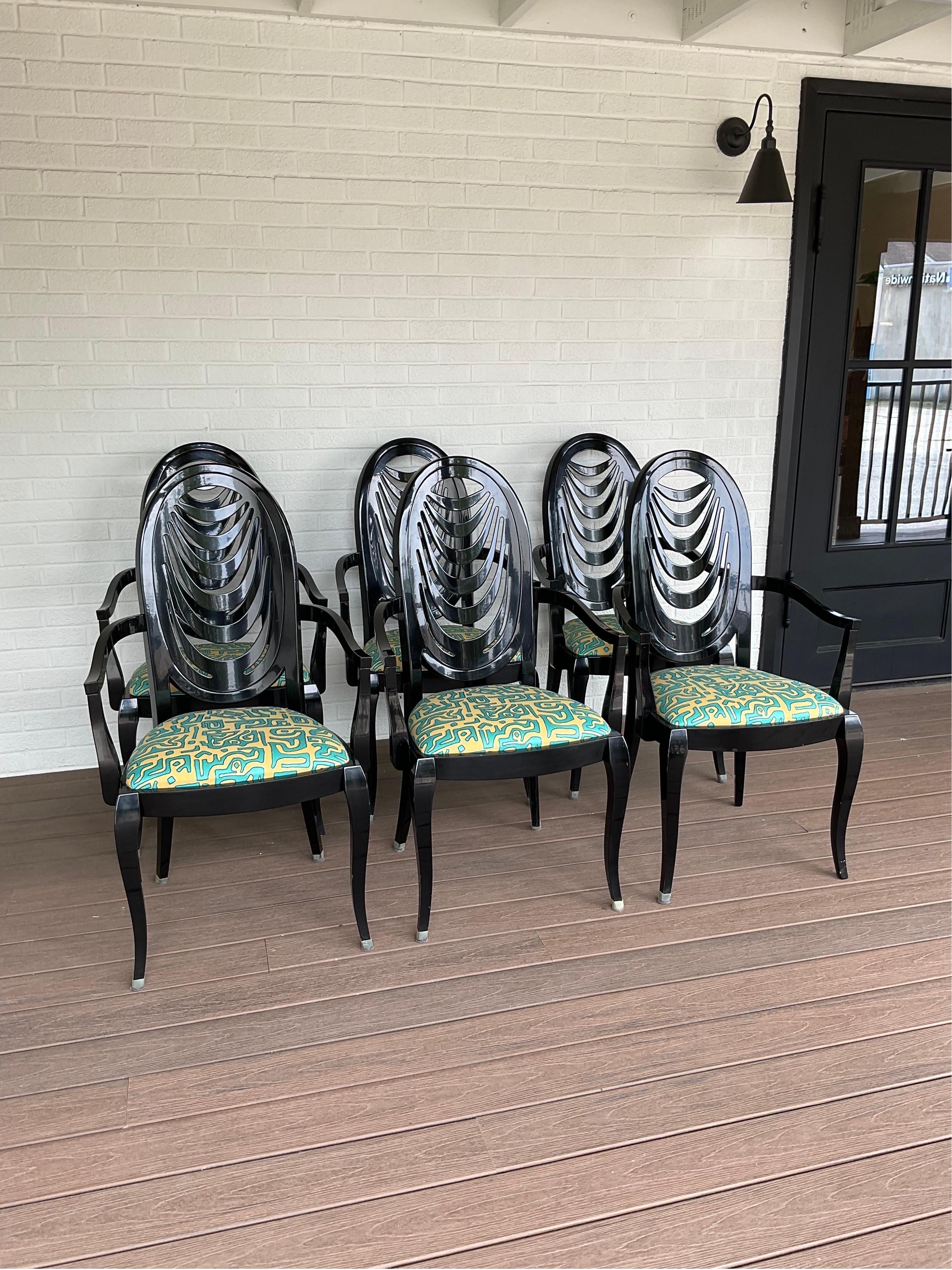 Striking set of 6 vintage black lacquered arm chairs from Italy designed by Pietro Constantini for Ello.
Freshly covered a masterfully woven Italian Kasai Cloth tapestry fabric from Robert Allen in Aquatic.
Seductive and finely draped and