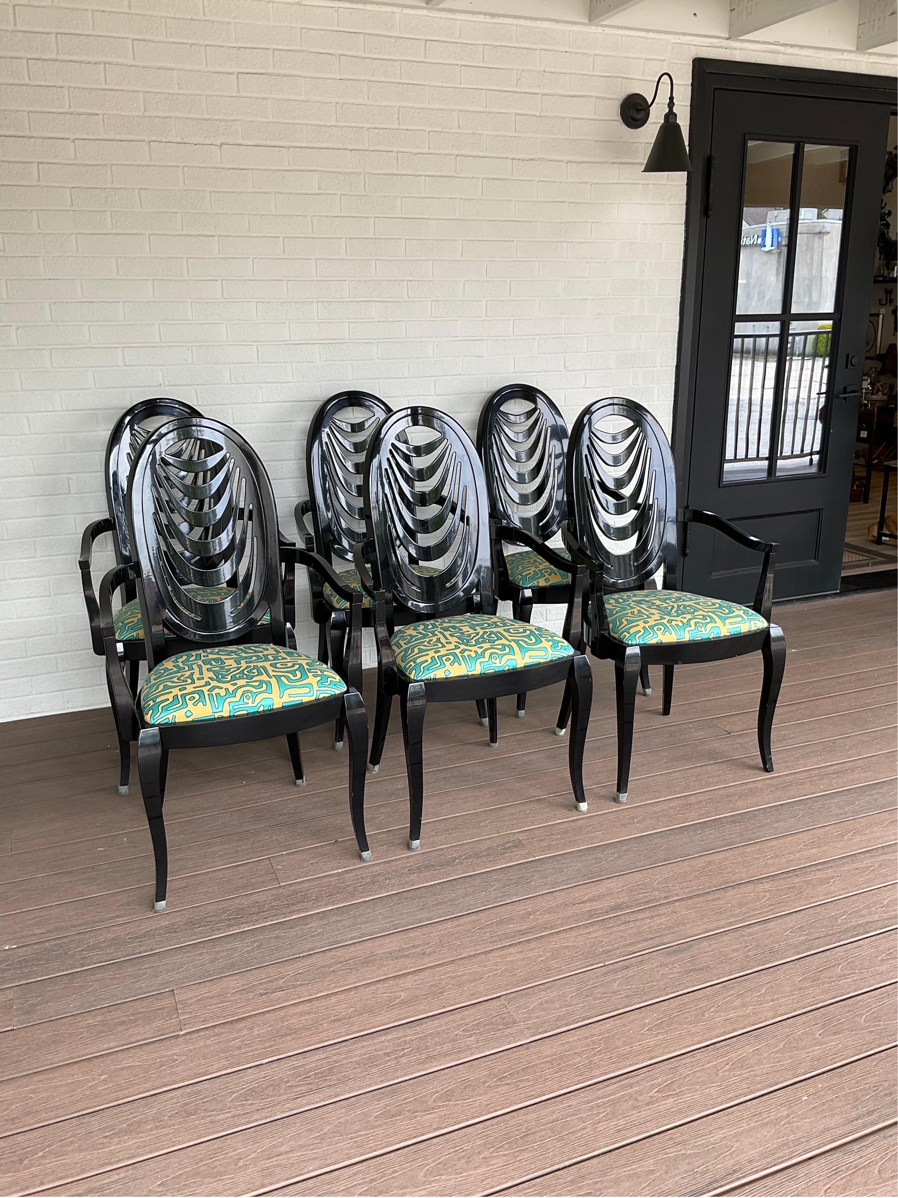 Italian Vintage Pietro Constantini for Ello Black Lacquered Arm Chairs, Set of 6 For Sale