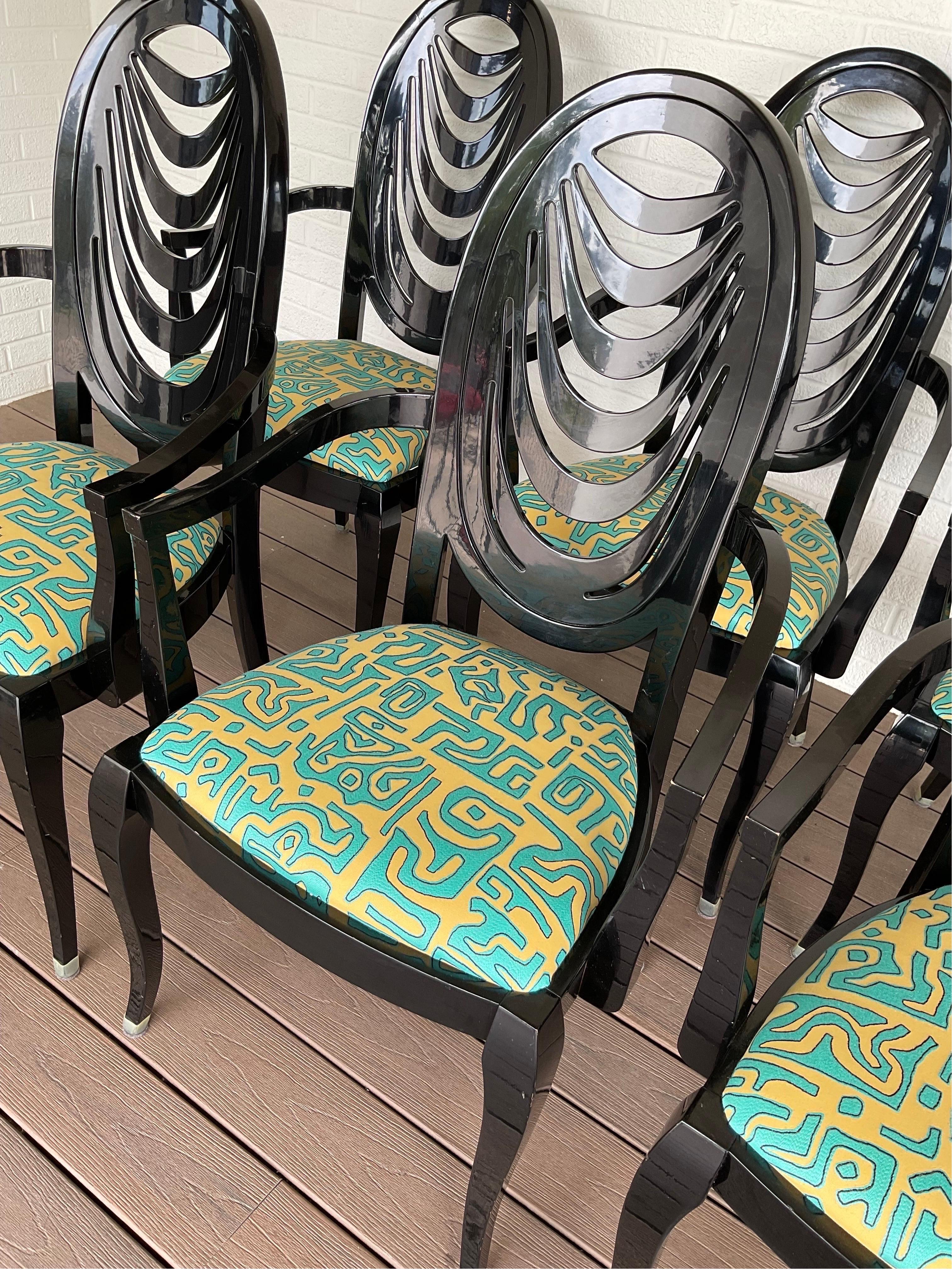 Hand-Carved Vintage Pietro Constantini for Ello Black Lacquered Arm Chairs, Set of 6 For Sale