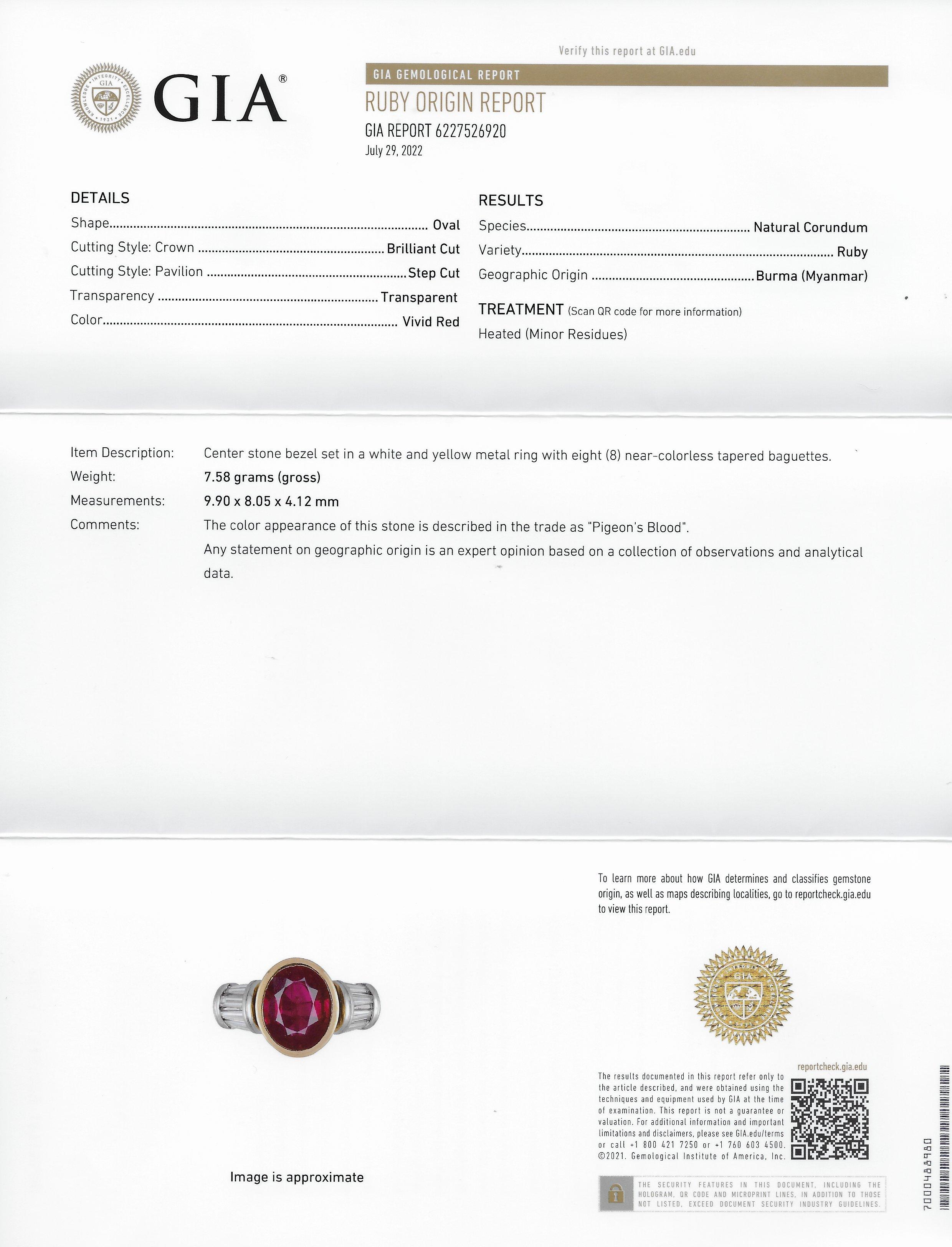 Vintage Ring aus Platin und 18 Karat Gold mit Taubenblut Burma Rubin Diamant Platin GIA 4