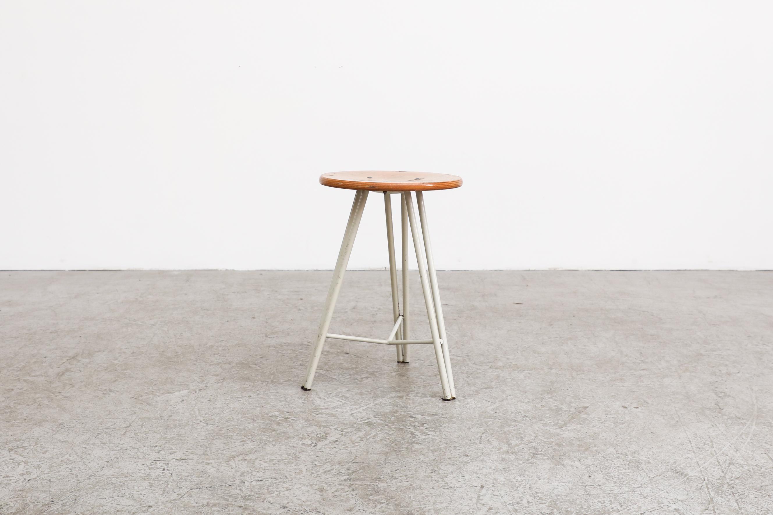 Mid-Century Modern Vintage Pilastro Style Dutch Tripod Task Stool with White Legs and Wood Seat For Sale