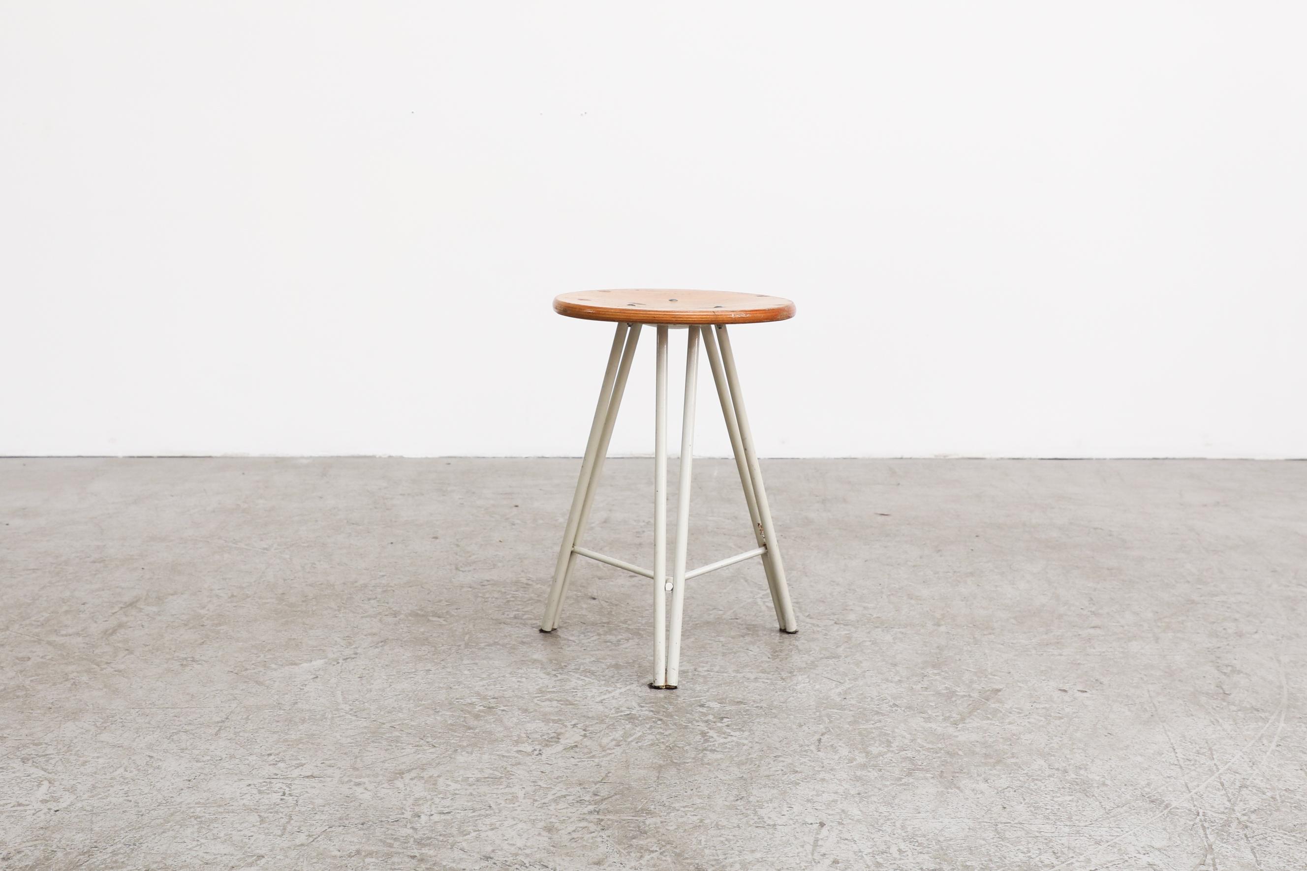 Enameled Vintage Pilastro Style Dutch Tripod Task Stool with White Legs and Wood Seat For Sale