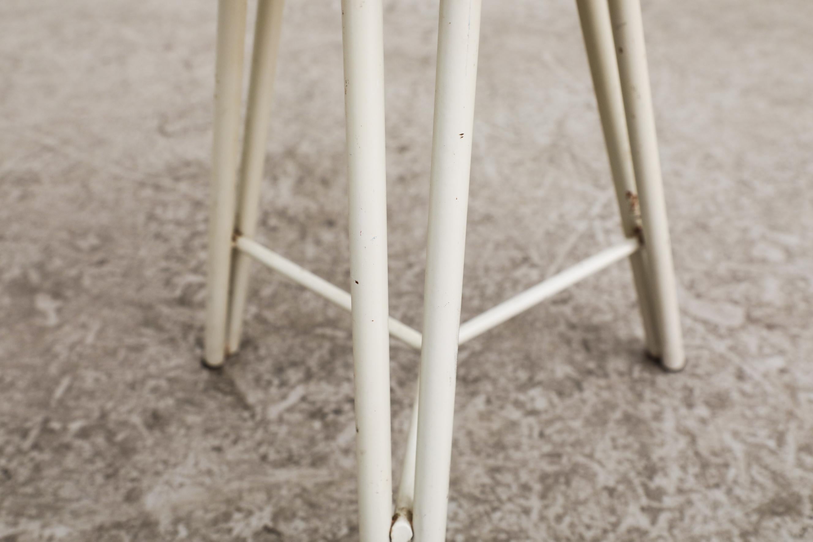 Metal Vintage Pilastro Style Dutch Tripod Task Stool with White Legs and Wood Seat For Sale