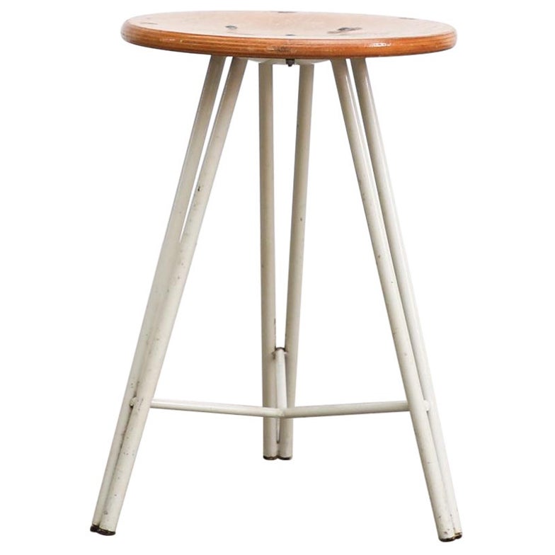 Vintage Pilastro Style Dutch Tripod Task Stool with White Legs and Wood Seat