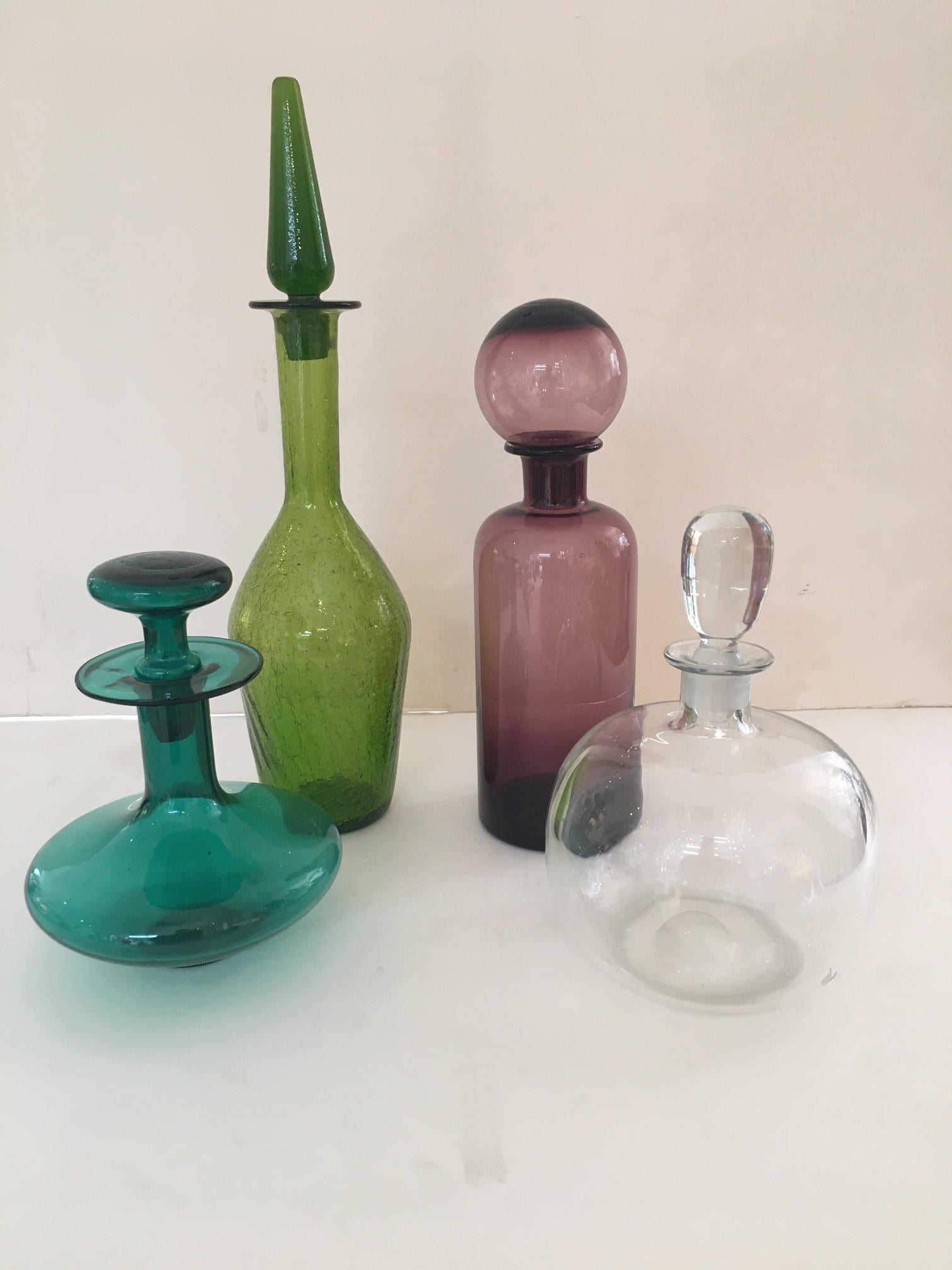 Vintage Hand-Blown Pilgrim Glass Decanter Bottles with Stoppers, Crackle Glass Olive Green and Dark Green Decanter Bottles are Pilgrim Glass, and Amethyst Color Bottle is Blanko Glass Decanter Bottle, and One Clear Crystal Glass Decanter Bottle, all