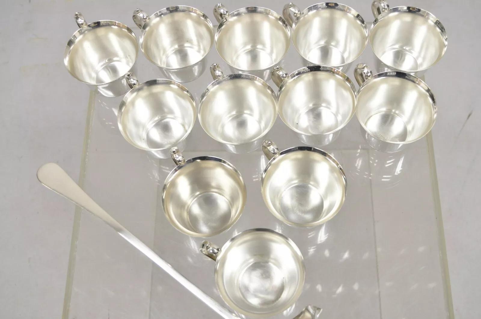 Vintage Pilgrim Regency Style Silver Plated Punch Bowl Cups & Ladle - 13 Pcs In Good Condition In Philadelphia, PA