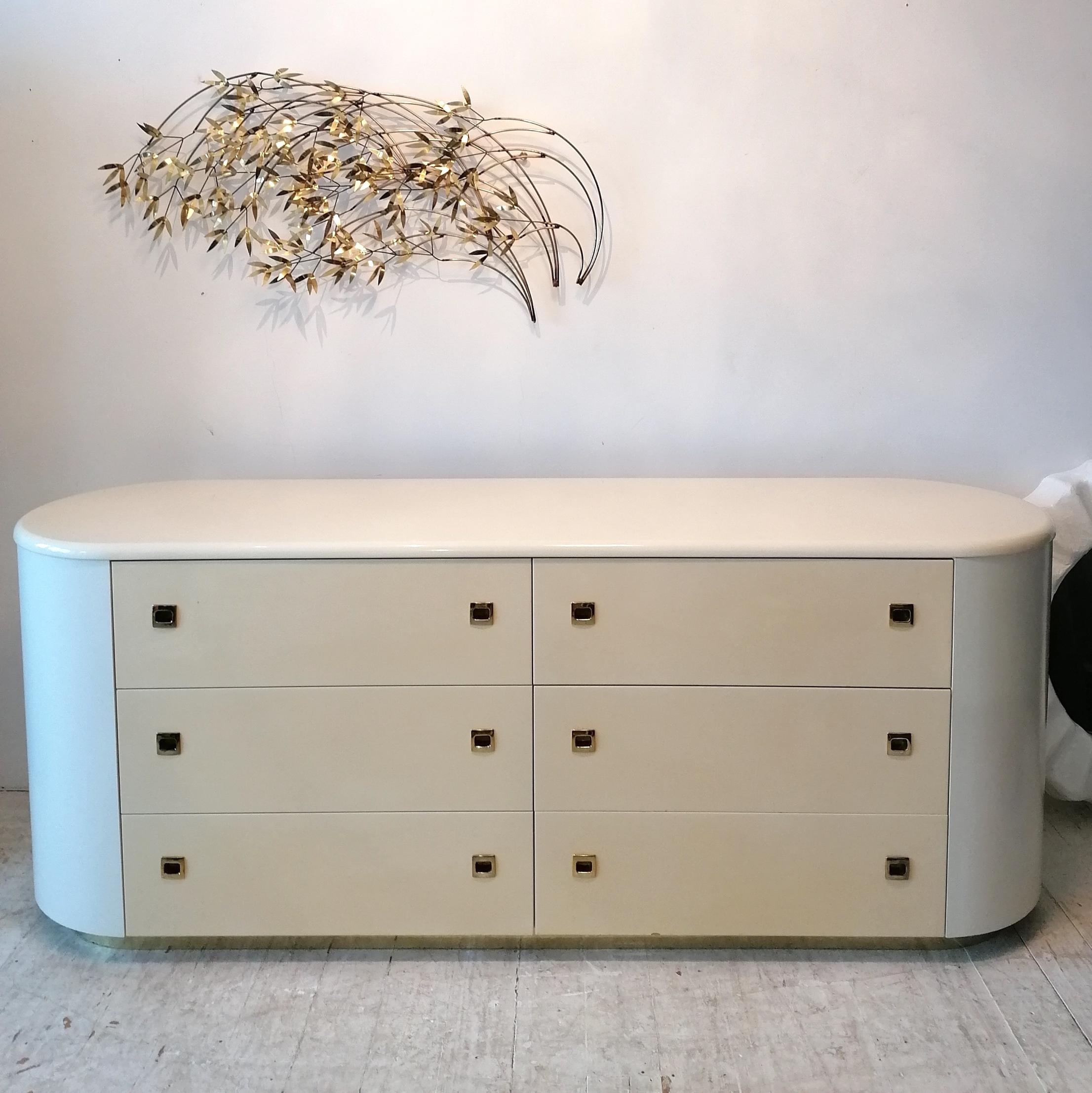 Post-Modern Vintage pill shaped cream lacquer sideboard / dresser w drawers, 1980s american For Sale