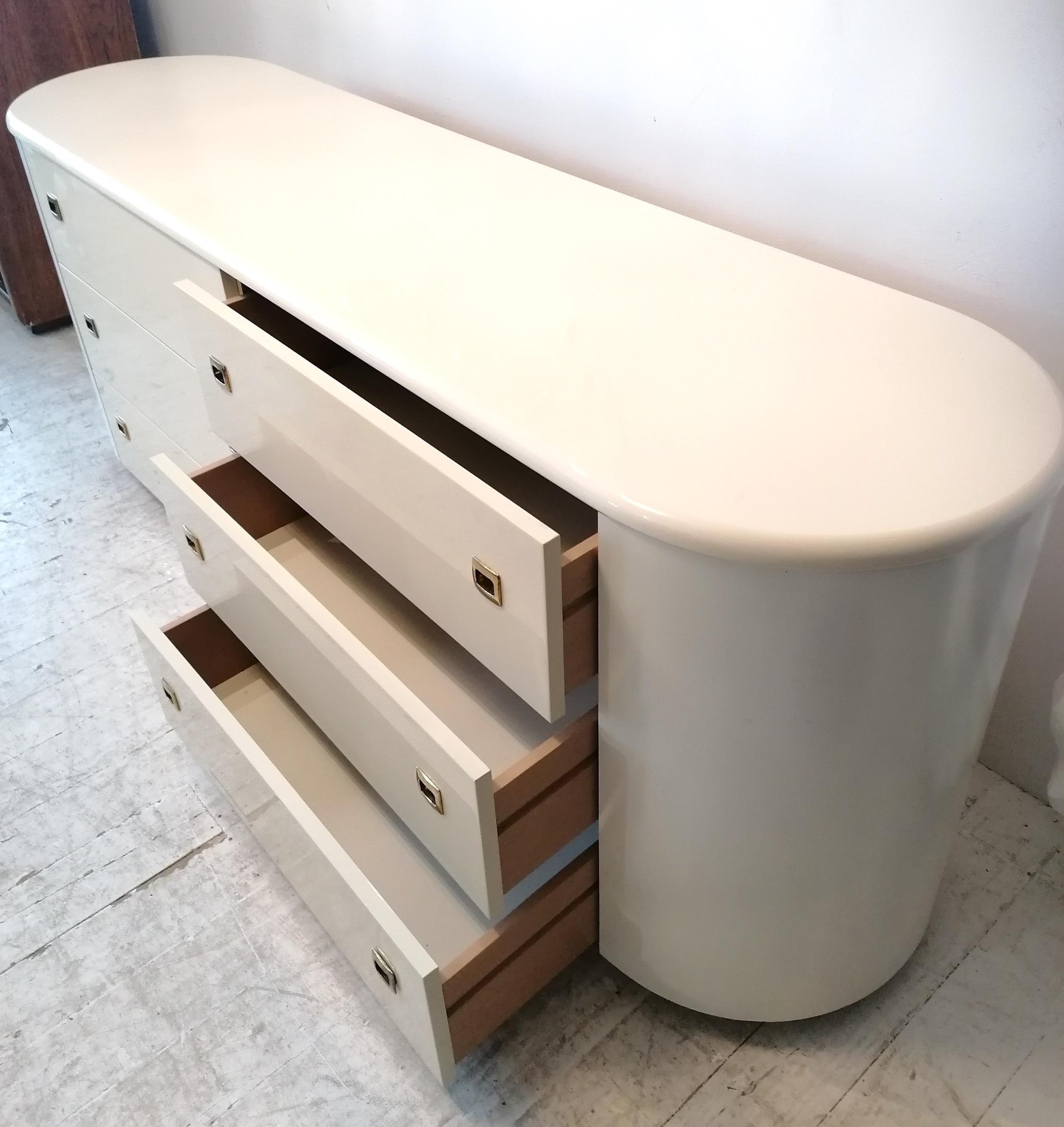 Vintage pill shaped cream lacquer sideboard / dresser w drawers, 1980s american 1