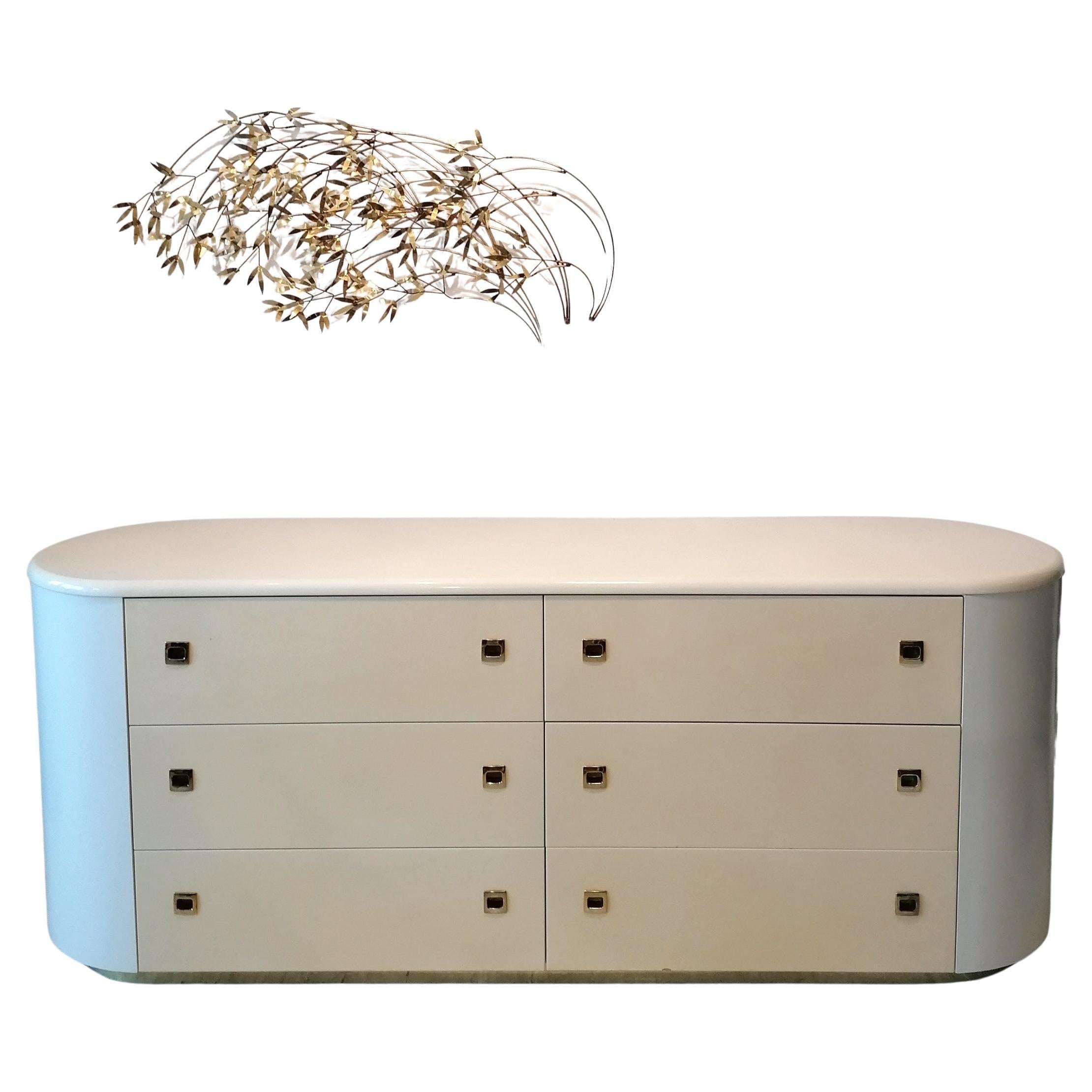 Vintage pill shaped cream lacquer sideboard / dresser w drawers, 1980s american For Sale