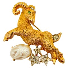Vintage PIM gold pearl rhinestone ram designer brooch