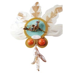 Colibri Enamel and 18k gold brooche on soutache and feather nest 