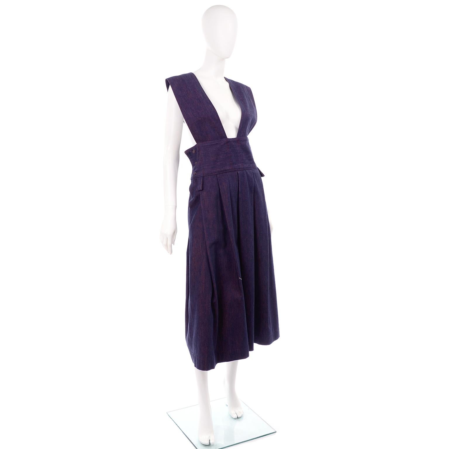 Vintage Pinafore Style Japanese Designer Jumper Dress in Purple Blue Denim In Excellent Condition In Portland, OR