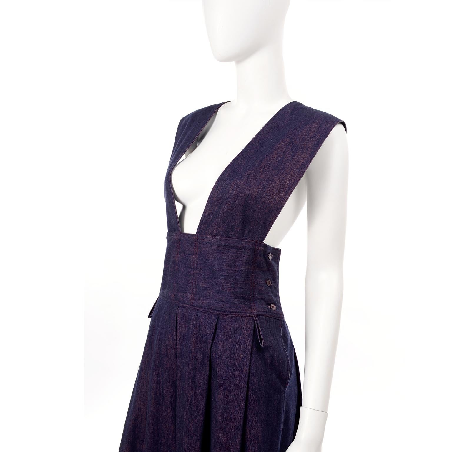 Women's Vintage Pinafore Style Japanese Designer Jumper Dress in Purple Blue Denim
