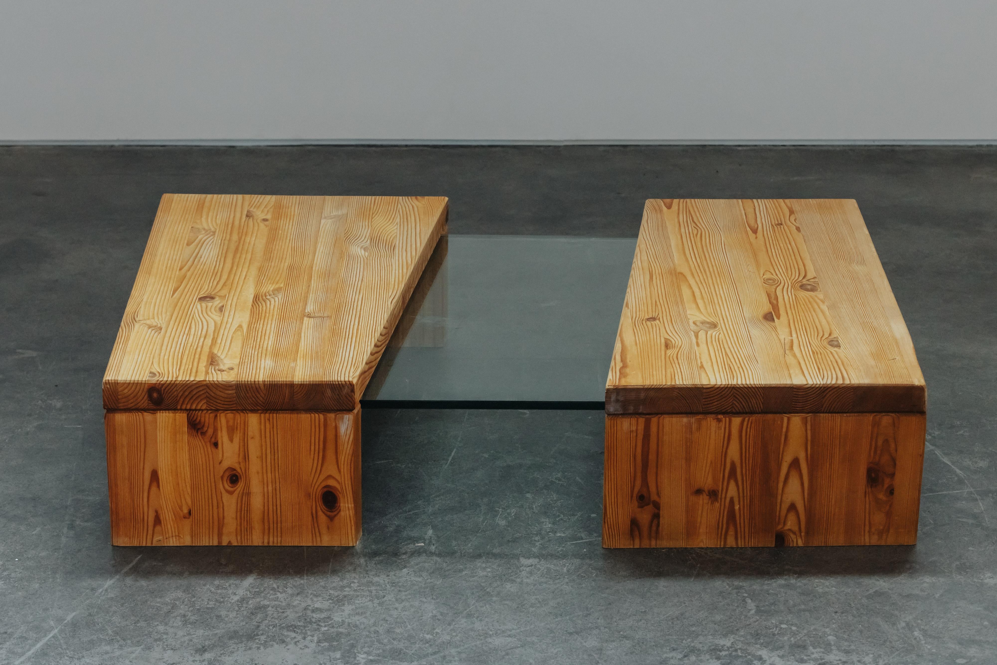 Vintage Pine And Glass Coffee Table From France, Circa 1960.  Solid pine construction with sliding top that expands with glass plate under.  Excellent condition.
