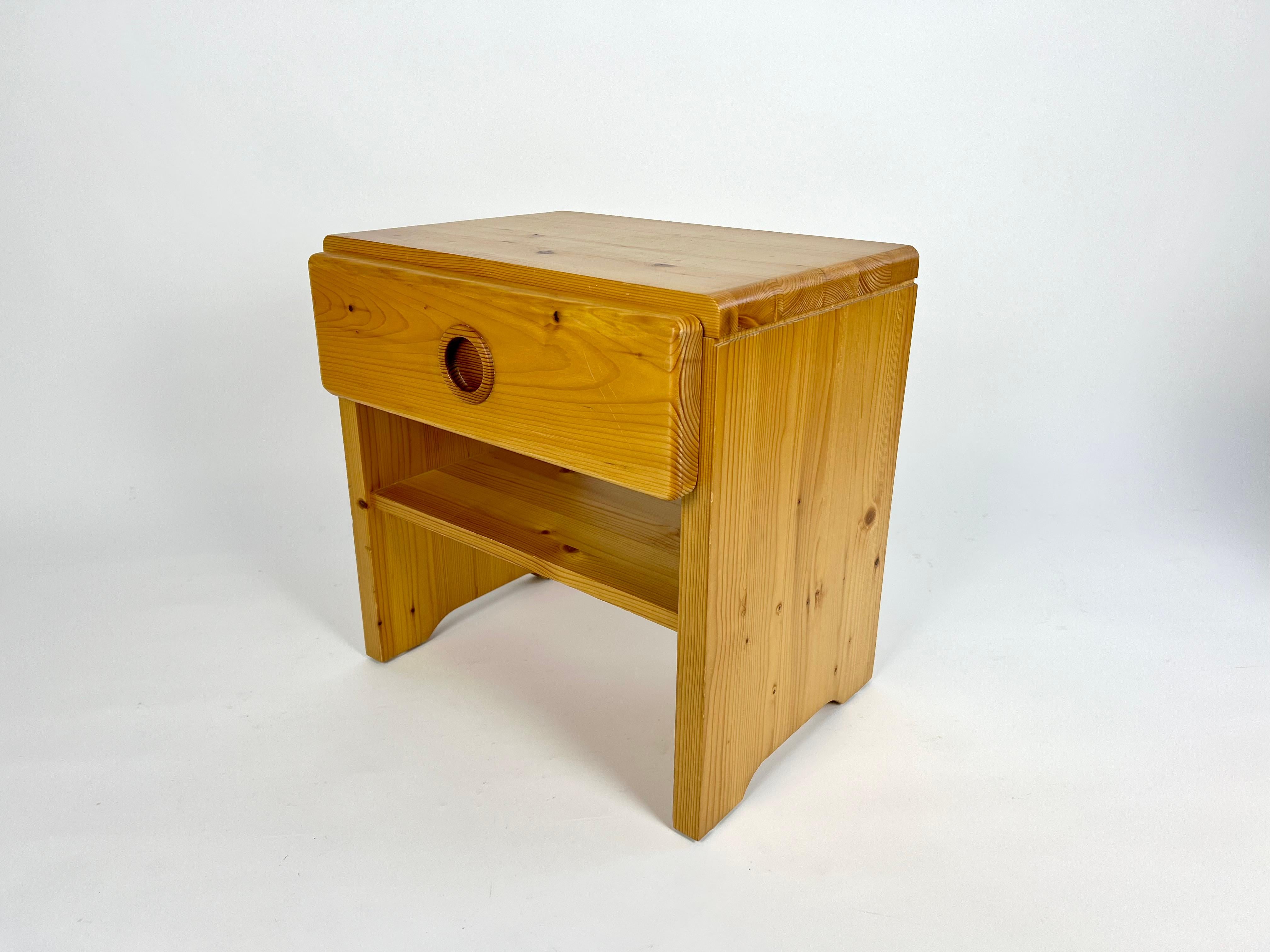 French Vintage pine bedside table from Les Arcs, France. Charlotte Perriand