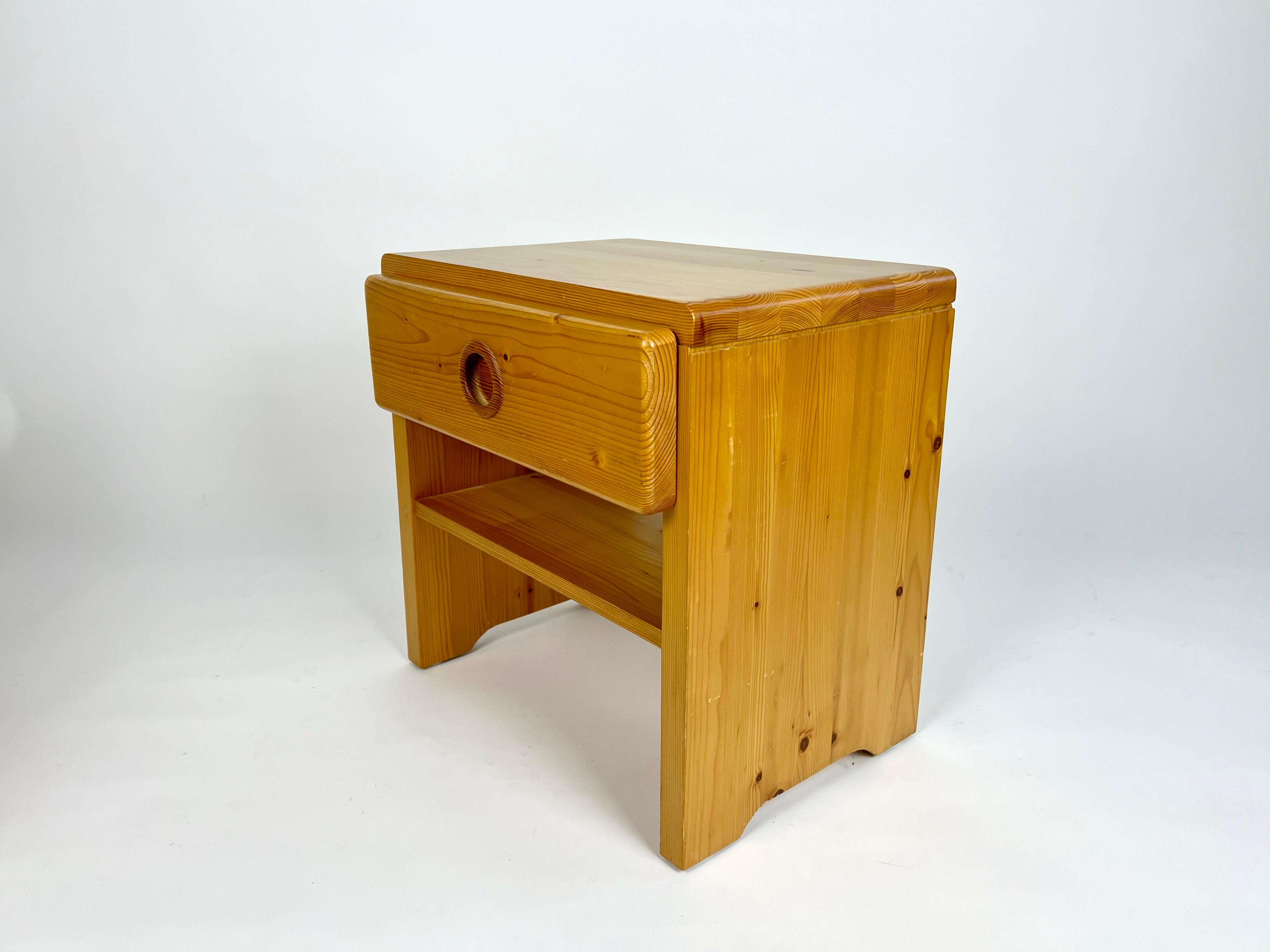 French Vintage pine bedside table from Les Arcs, France. Charlotte Perriand