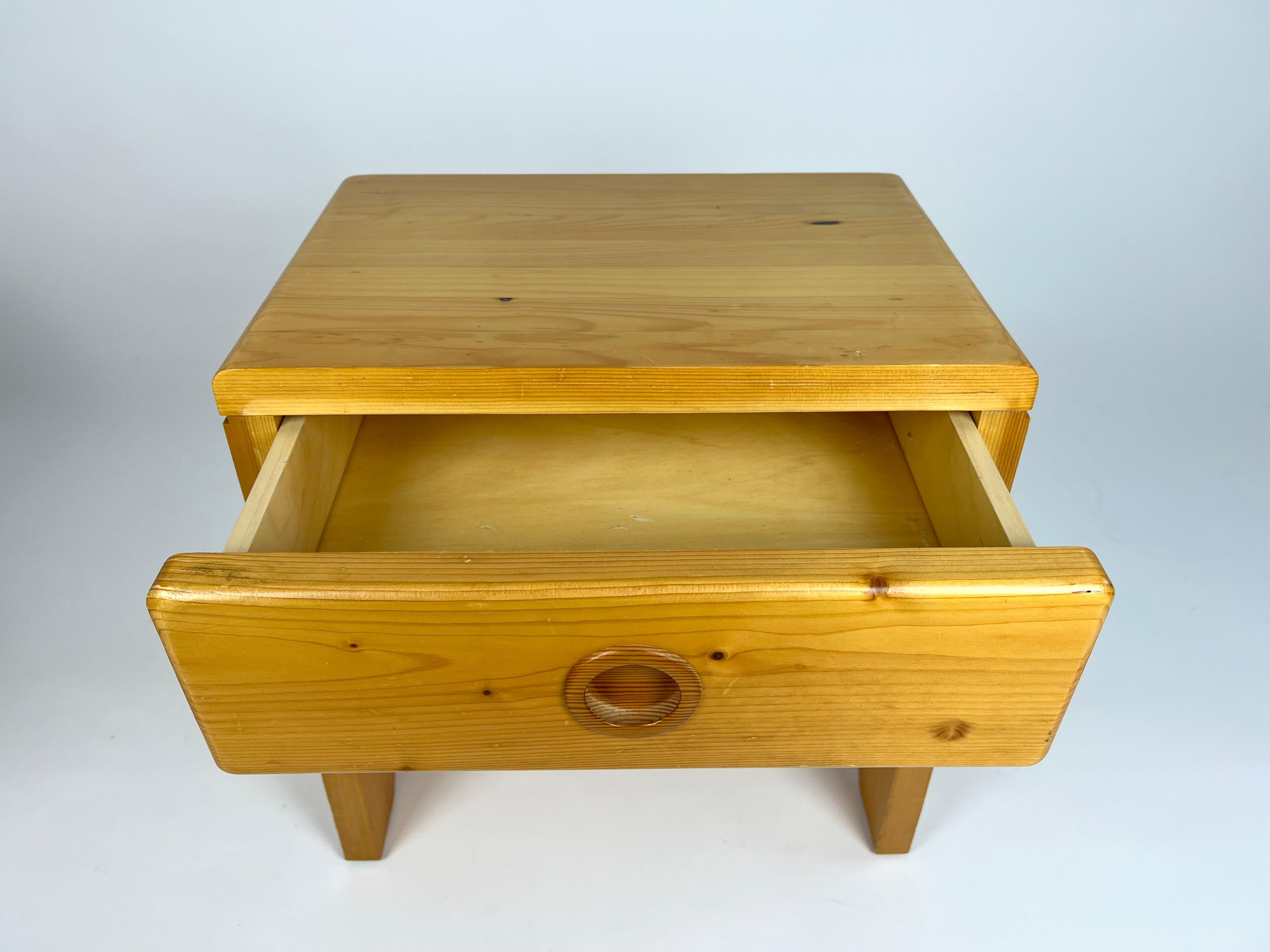 Pine Vintage pine bedside table from Les Arcs, France. Charlotte Perriand