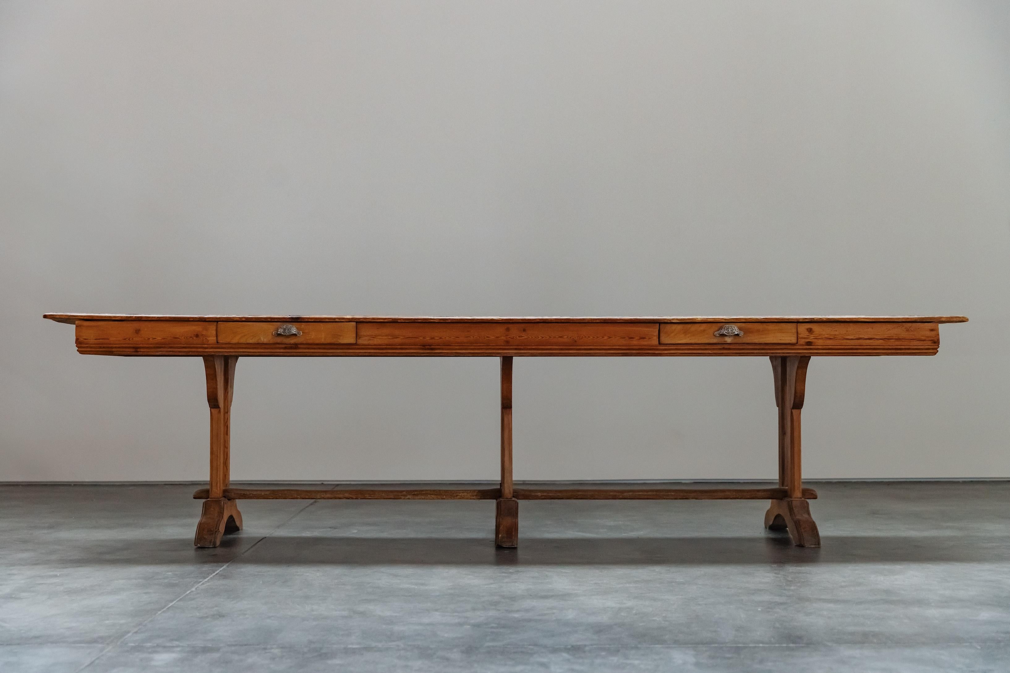 Vintage Pine Console Table From France, Circa 1940.  Solid pine construction with original hardware and great patina.  