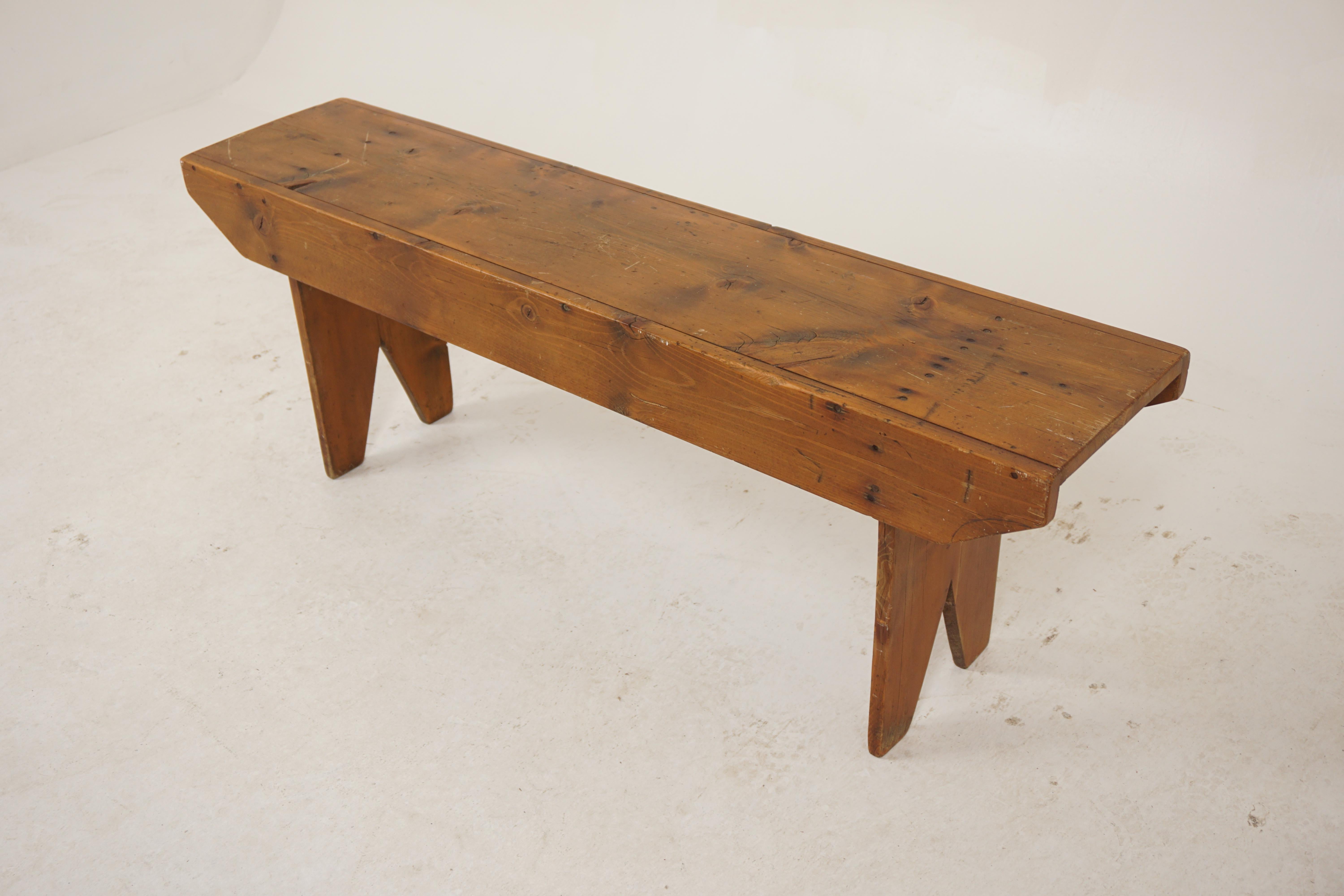 Vintage Pine farmhouse bench

Scotland 1930
Solid Pine
Original Finish
Single plank top with a deep frieze underneath
With recessed shaped legs
Solidly jointed
Great colour and patina
Perfect as a kitchen, hallway or general