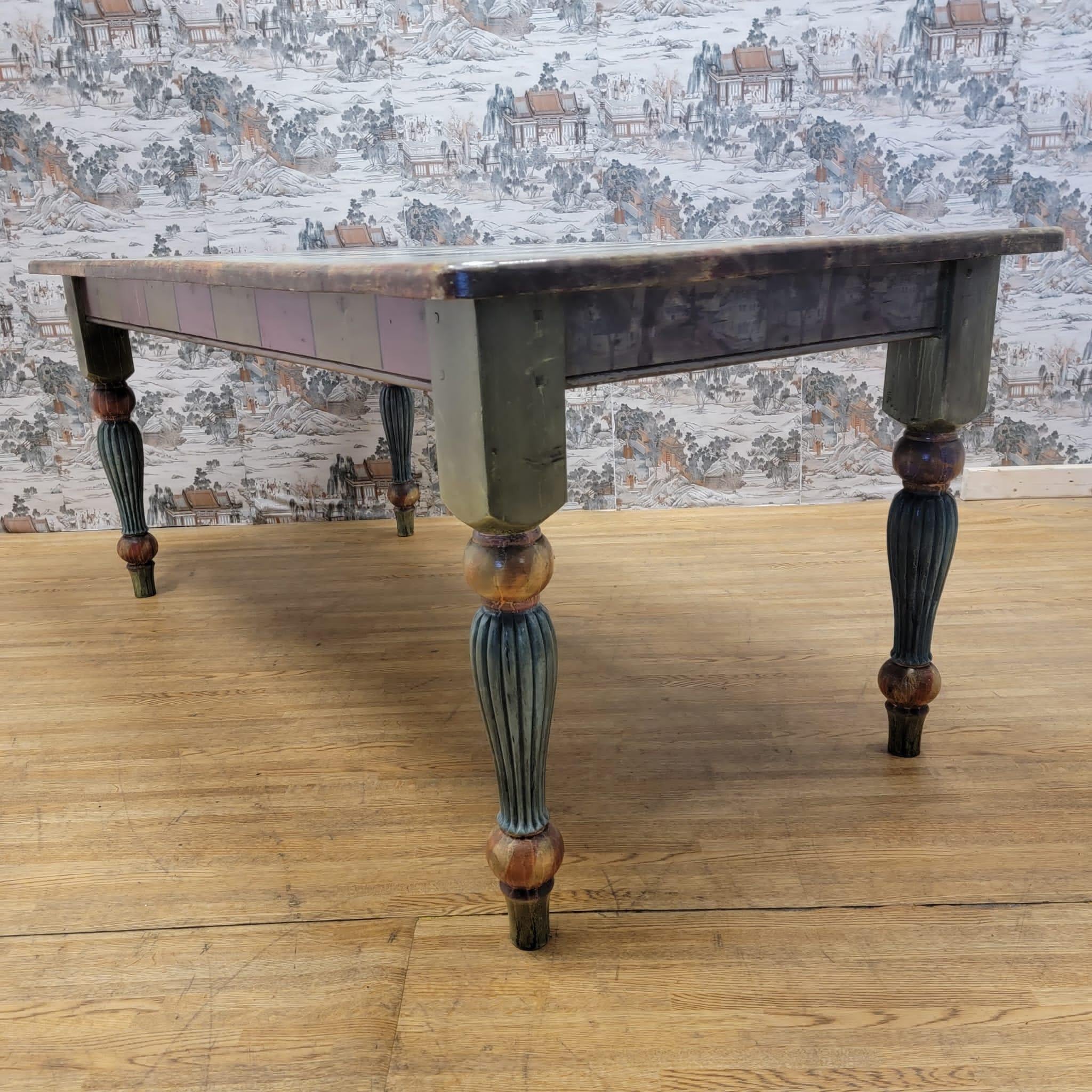 American Colonial Vintage Pine Hand Painted 6 Seat Dining Table For Sale