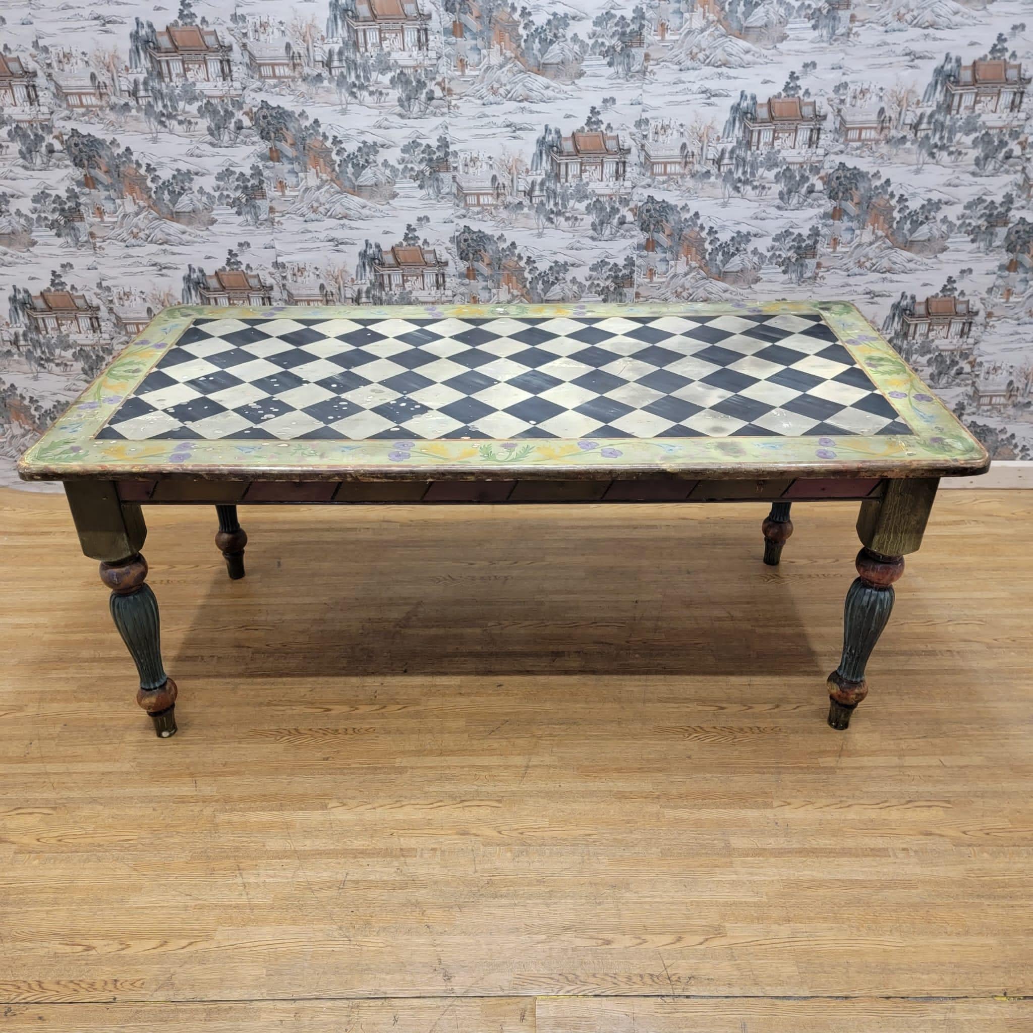 Hand-Crafted Vintage Pine Hand Painted 6 Seat Dining Table For Sale