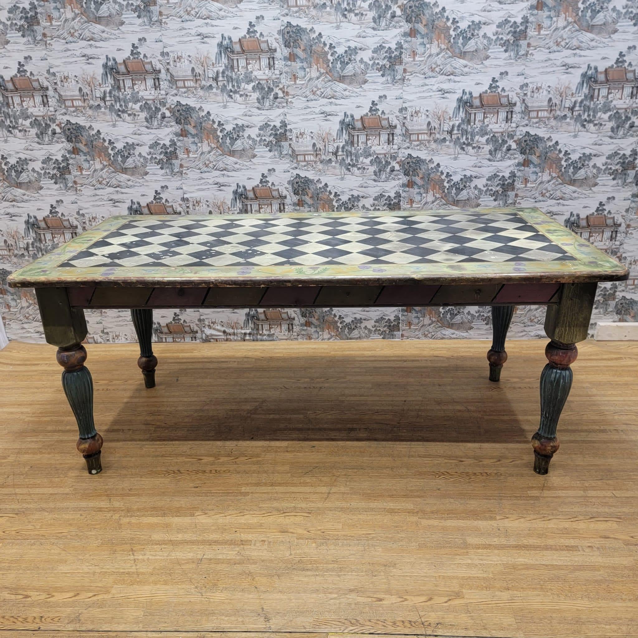 Vintage Pine Hand Painted 6 Seat Dining Table In Good Condition For Sale In Chicago, IL