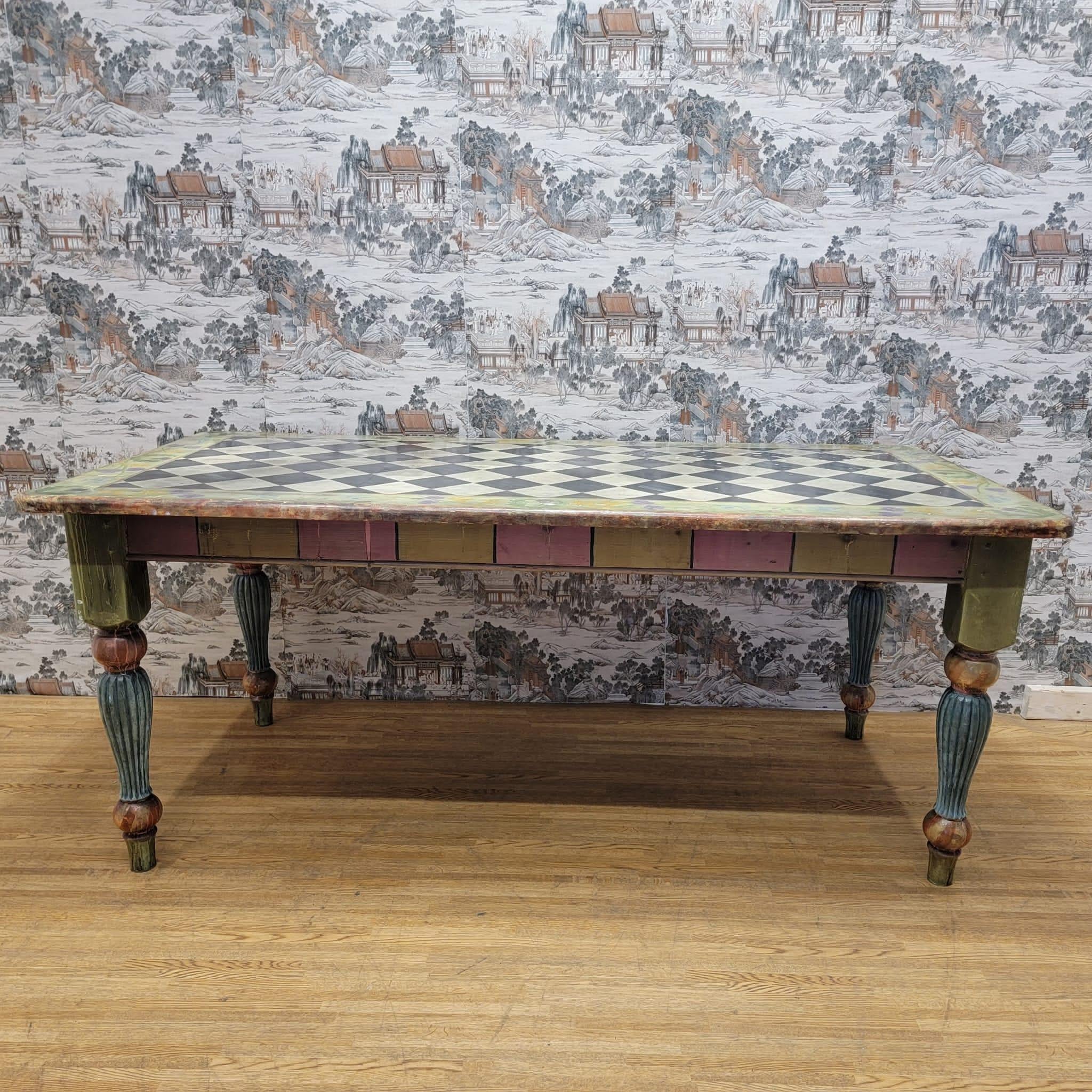 Vintage Pine Hand Painted 6 Seat Dining Table For Sale 1