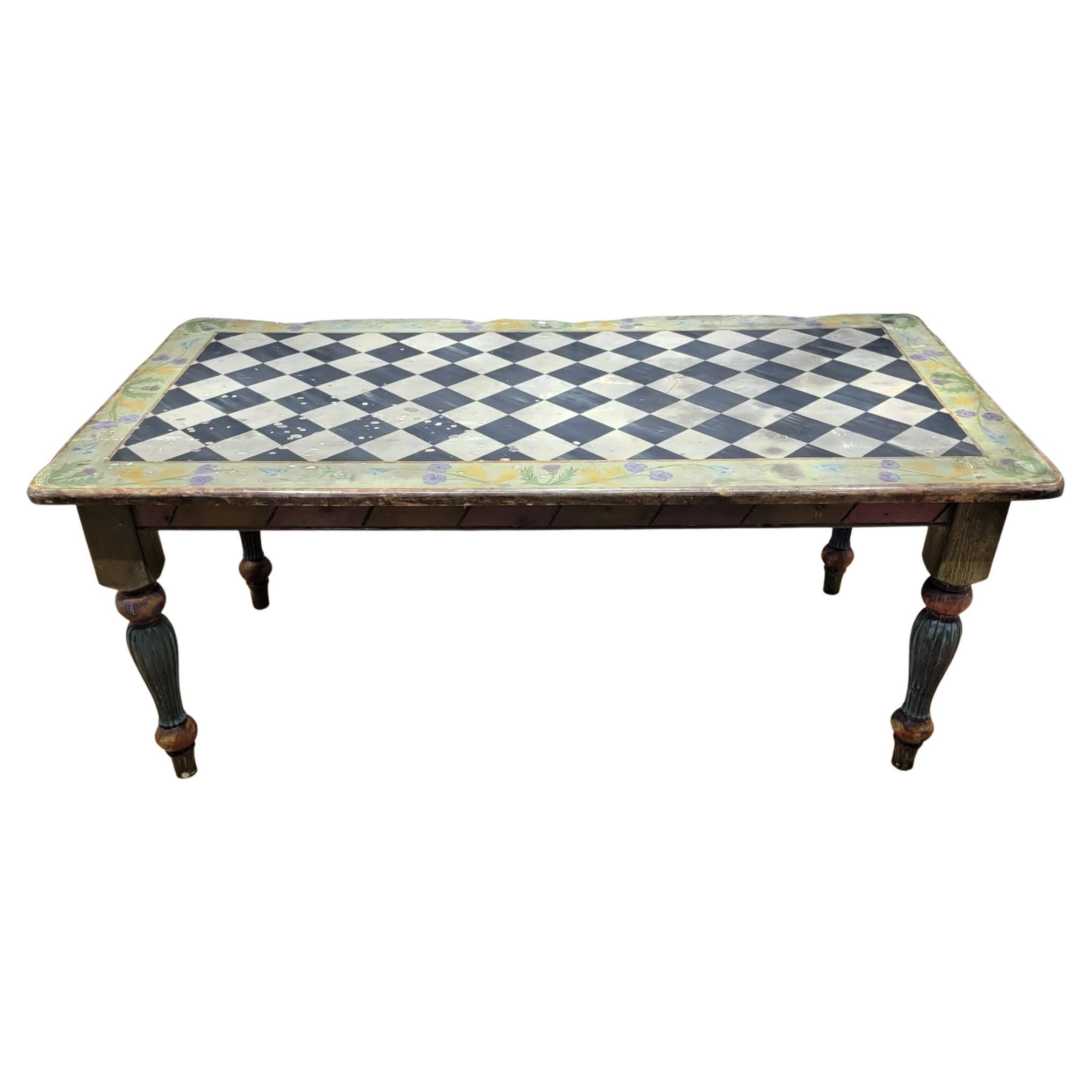 Vintage Pine Hand Painted 6 Seat Dining Table For Sale