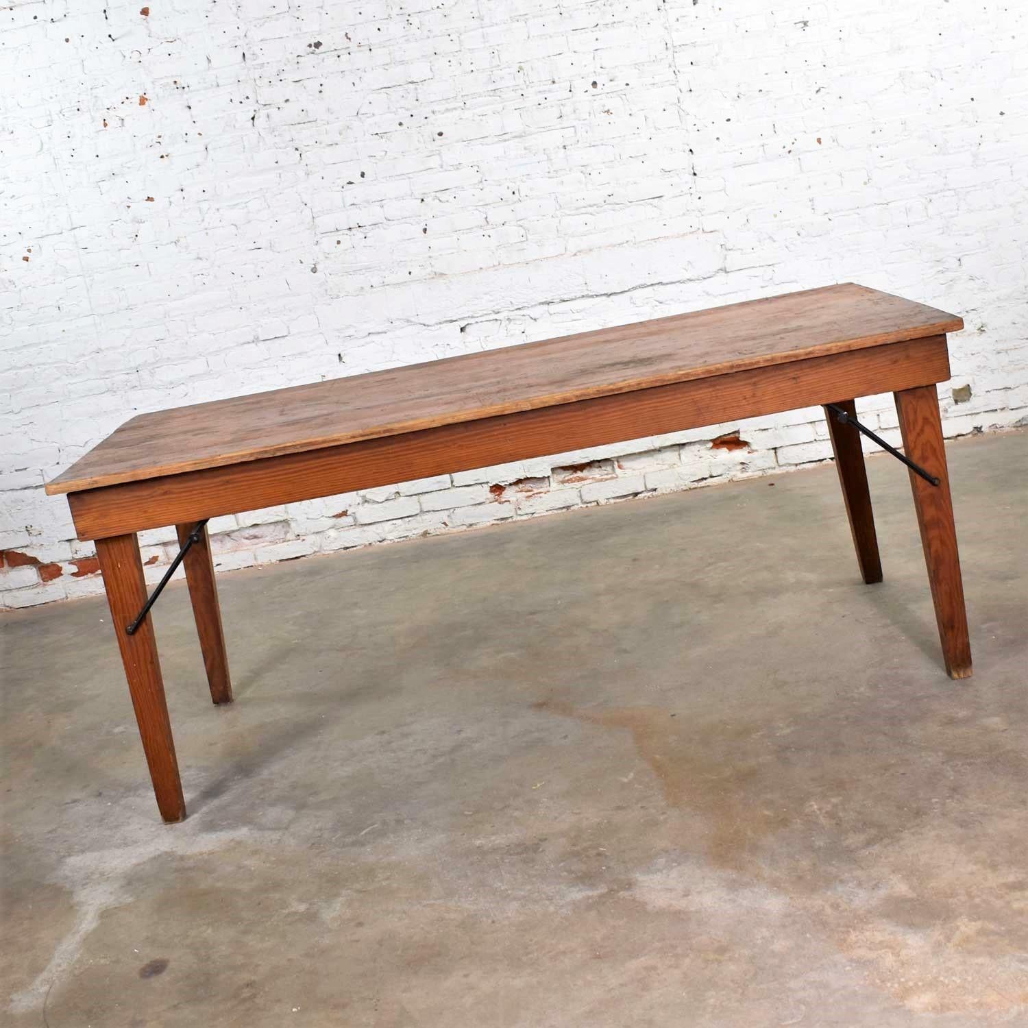 Vintage Pine Industrial Rustic Worktable or Farmhouse Table with Folding Legs 4