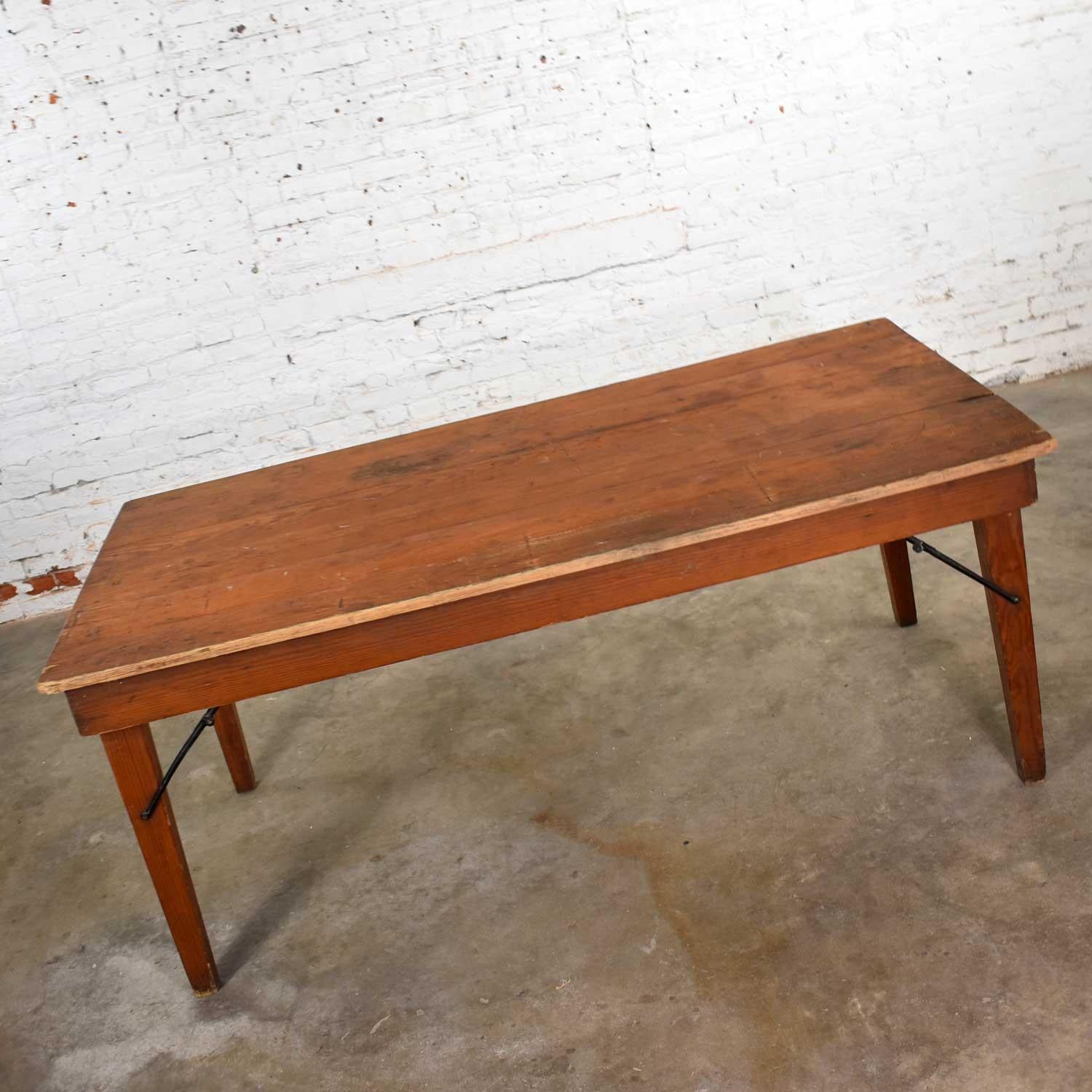 Unknown Vintage Pine Industrial Rustic Worktable or Farmhouse Table with Folding Legs