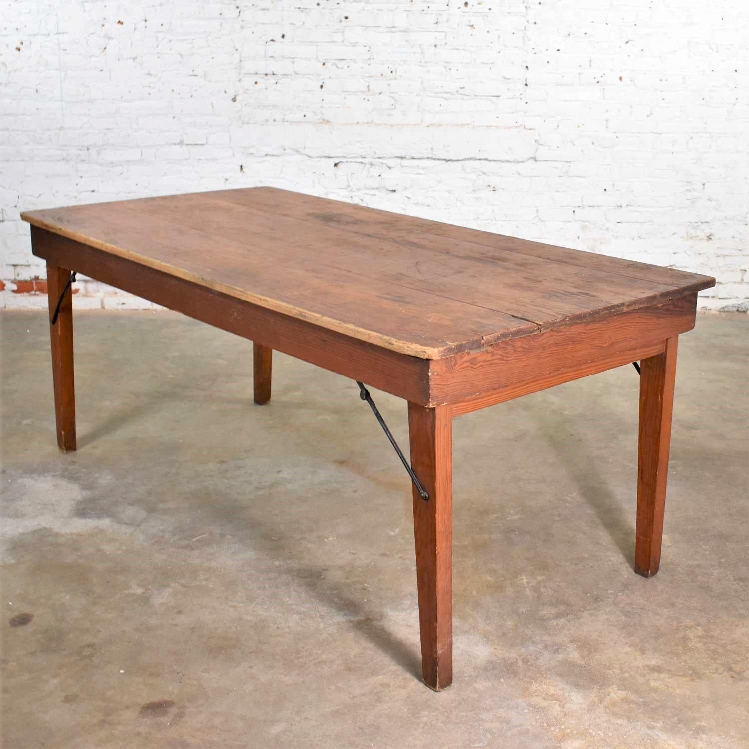 20th Century Vintage Pine Industrial Rustic Worktable or Farmhouse Table with Folding Legs