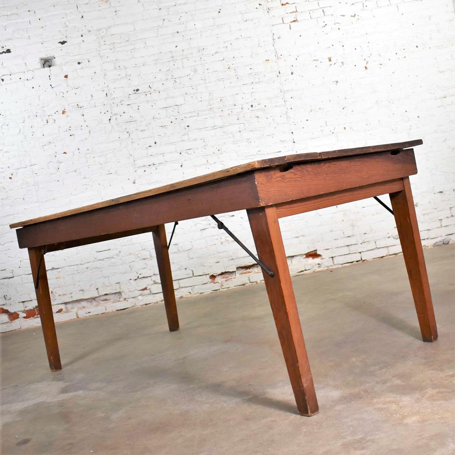 Vintage Pine Industrial Rustic Worktable or Farmhouse Table with Folding Legs 1