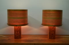 Vintage Pine Table Lamps with Veenered Shades, Set of 2