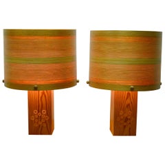 Vintage Pine Table Lamps with Veenered Shades, Set of 2