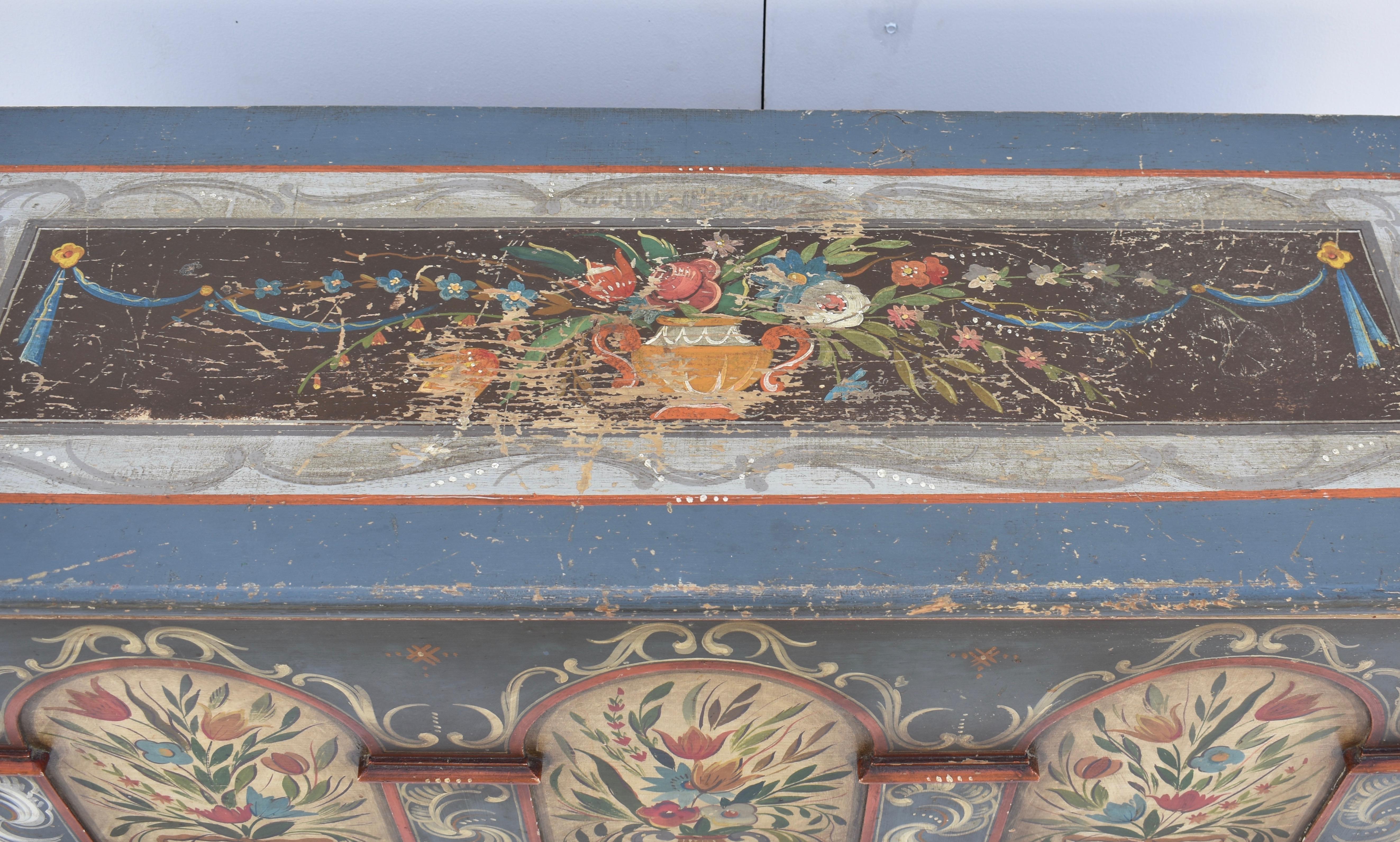 Hungarian Vintage Pine Trunk or Blanket Chest in Original Decorative Paint