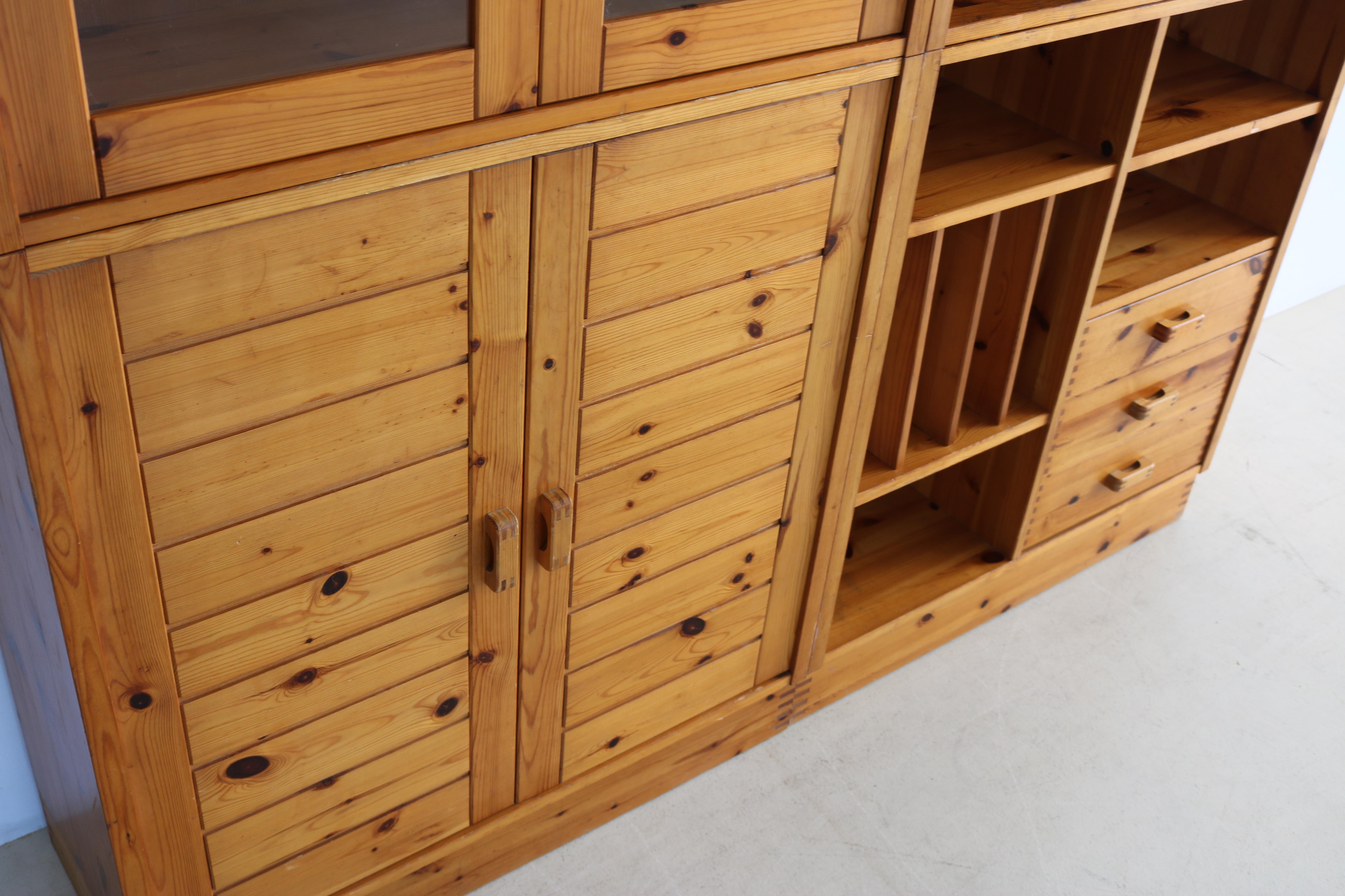 pine wall cabinet with glass doors