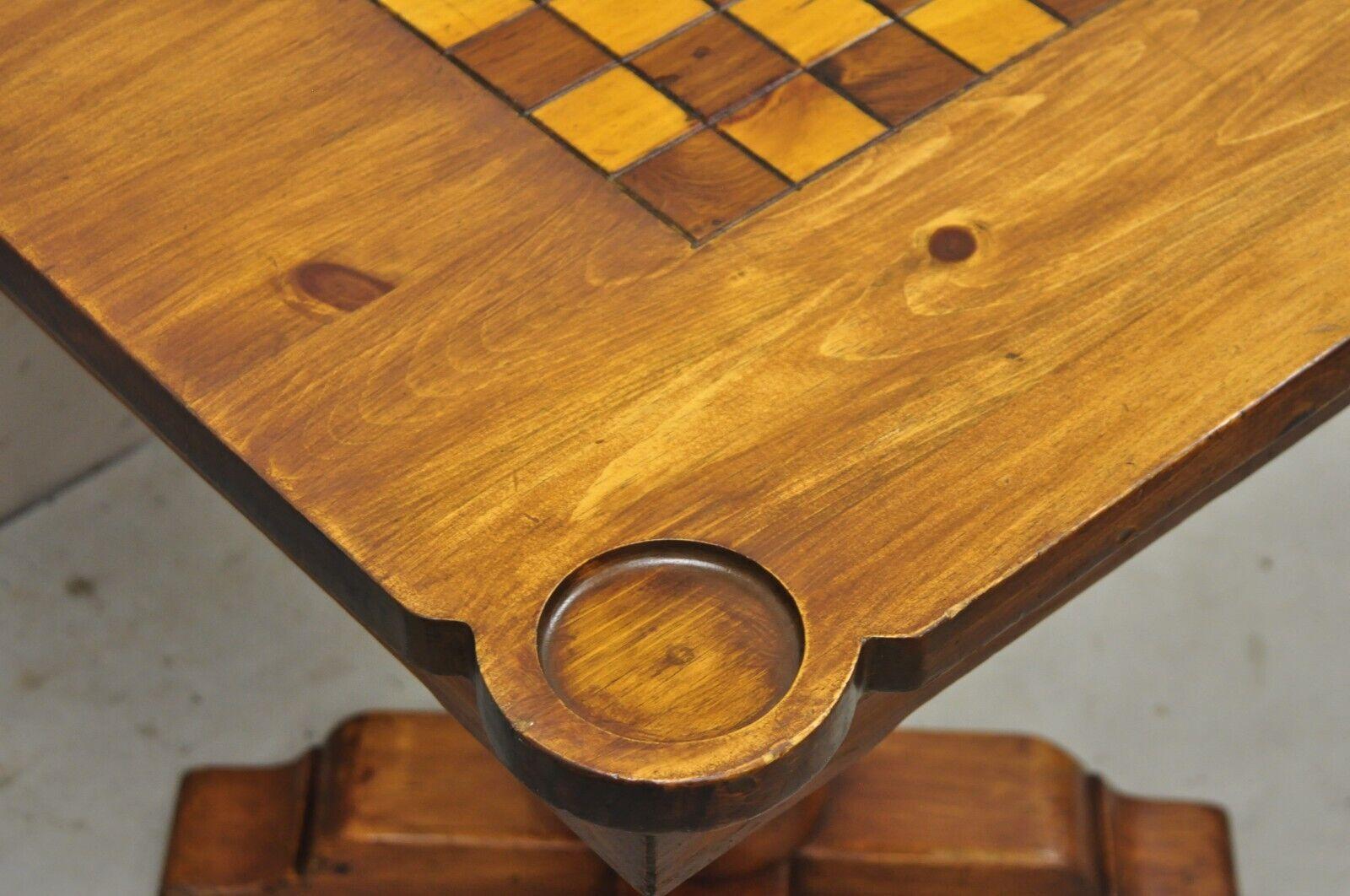 20th Century Vintage Pine Wood Colonial Style Pedestal Base Game Table with Drawer