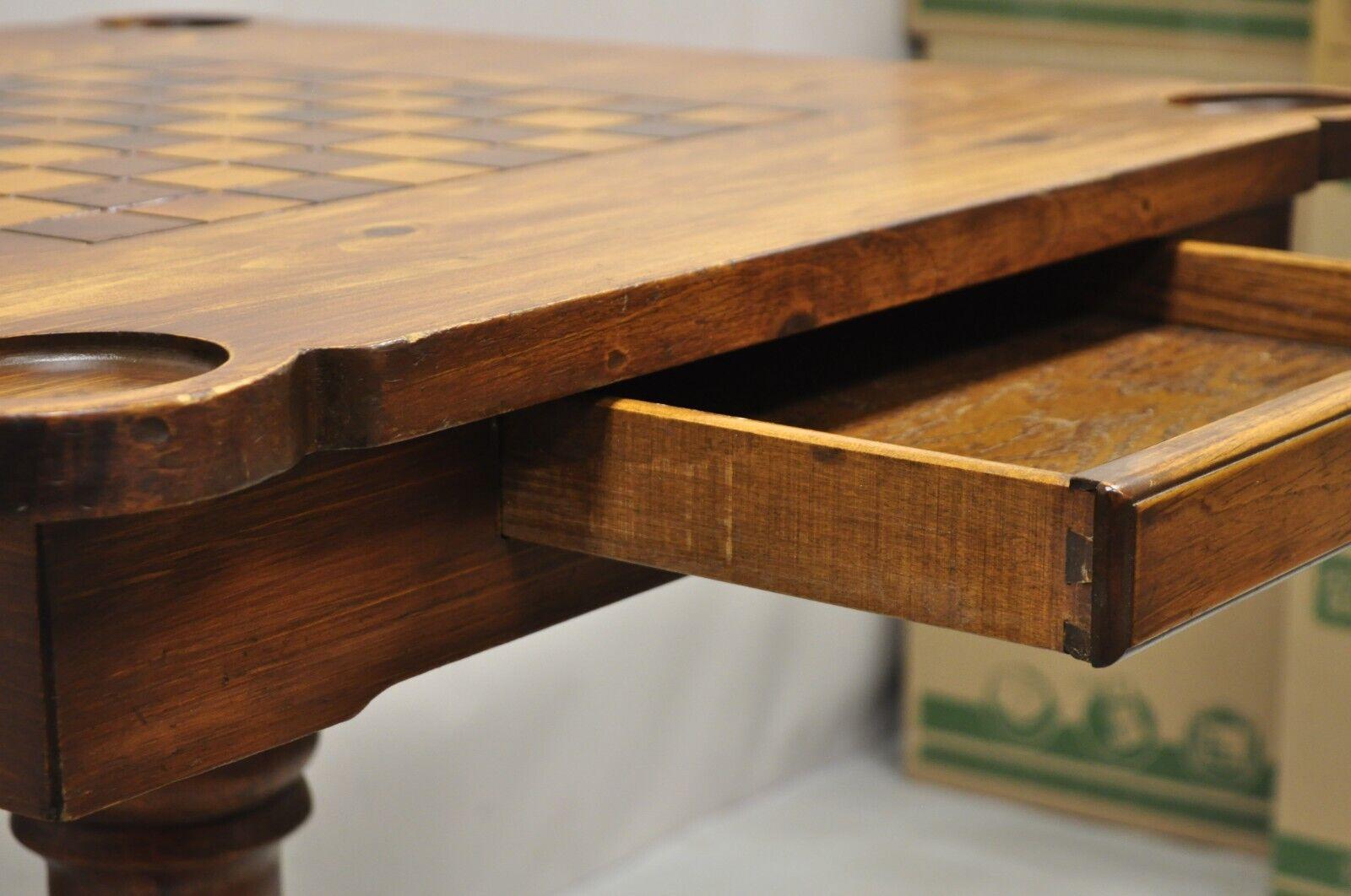 Vintage Pine Wood Colonial Style Pedestal Base Game Table with Drawer 2