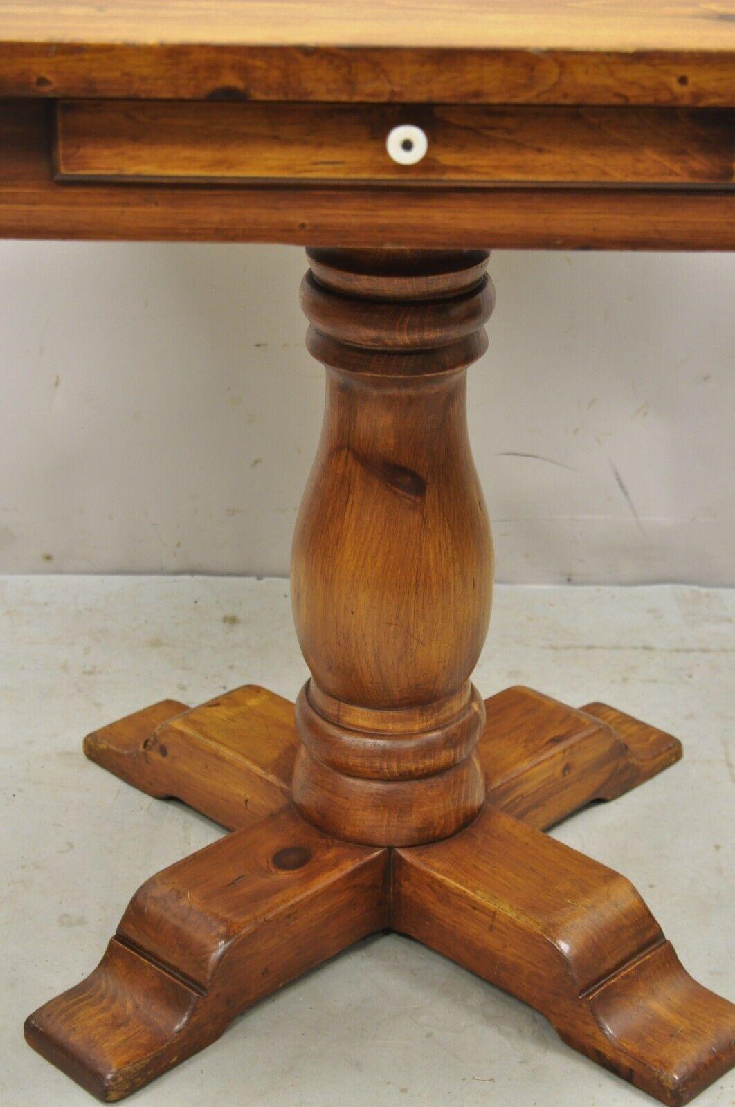 Vintage Pine Wood Colonial Style Pedestal Base Game Table with Drawer 3