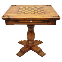 Vintage Pine Wood Colonial Style Pedestal Base Game Table with Drawer