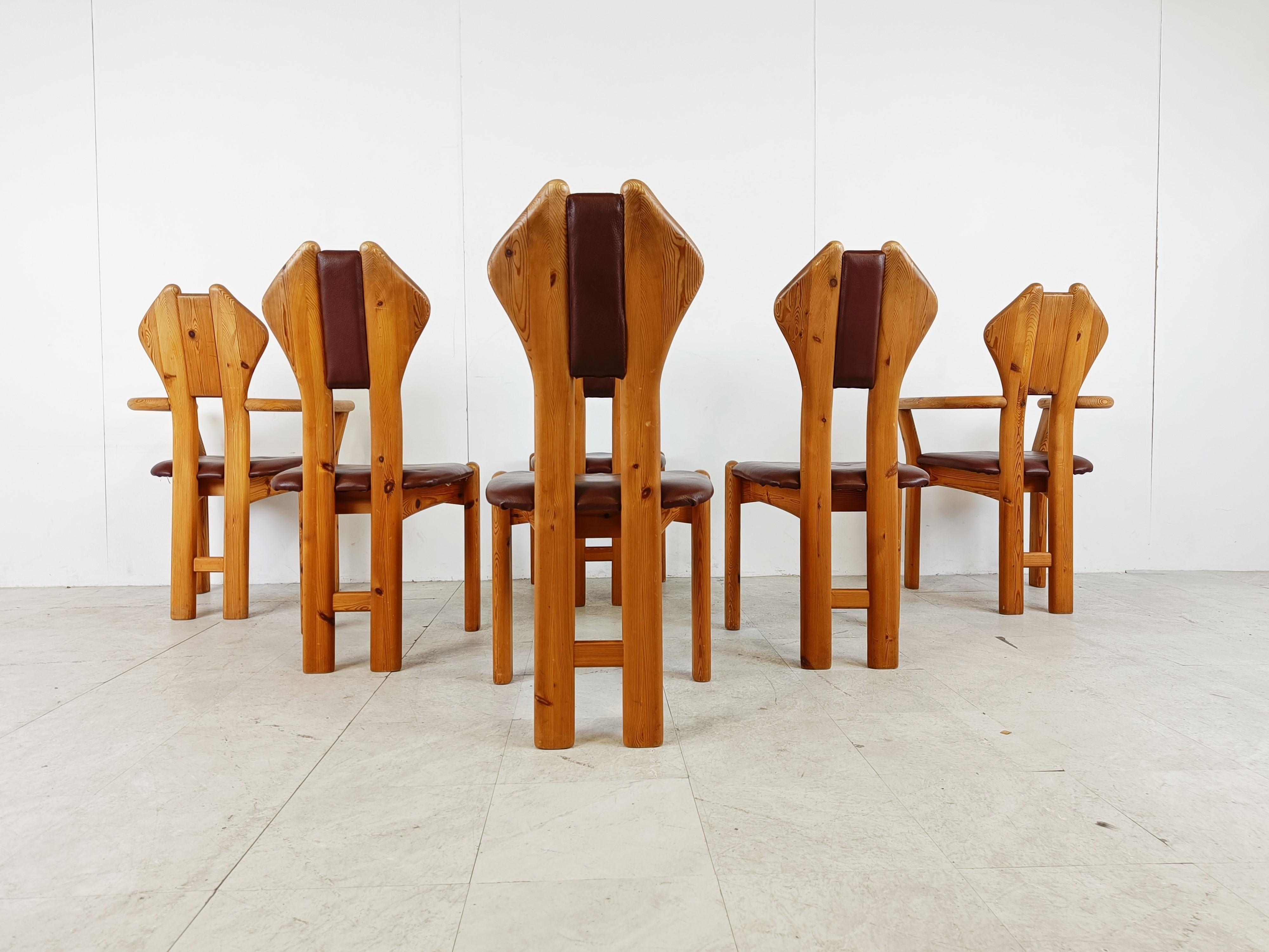 Leather Vintage Pine Wood Dining Chairs, 1970s For Sale