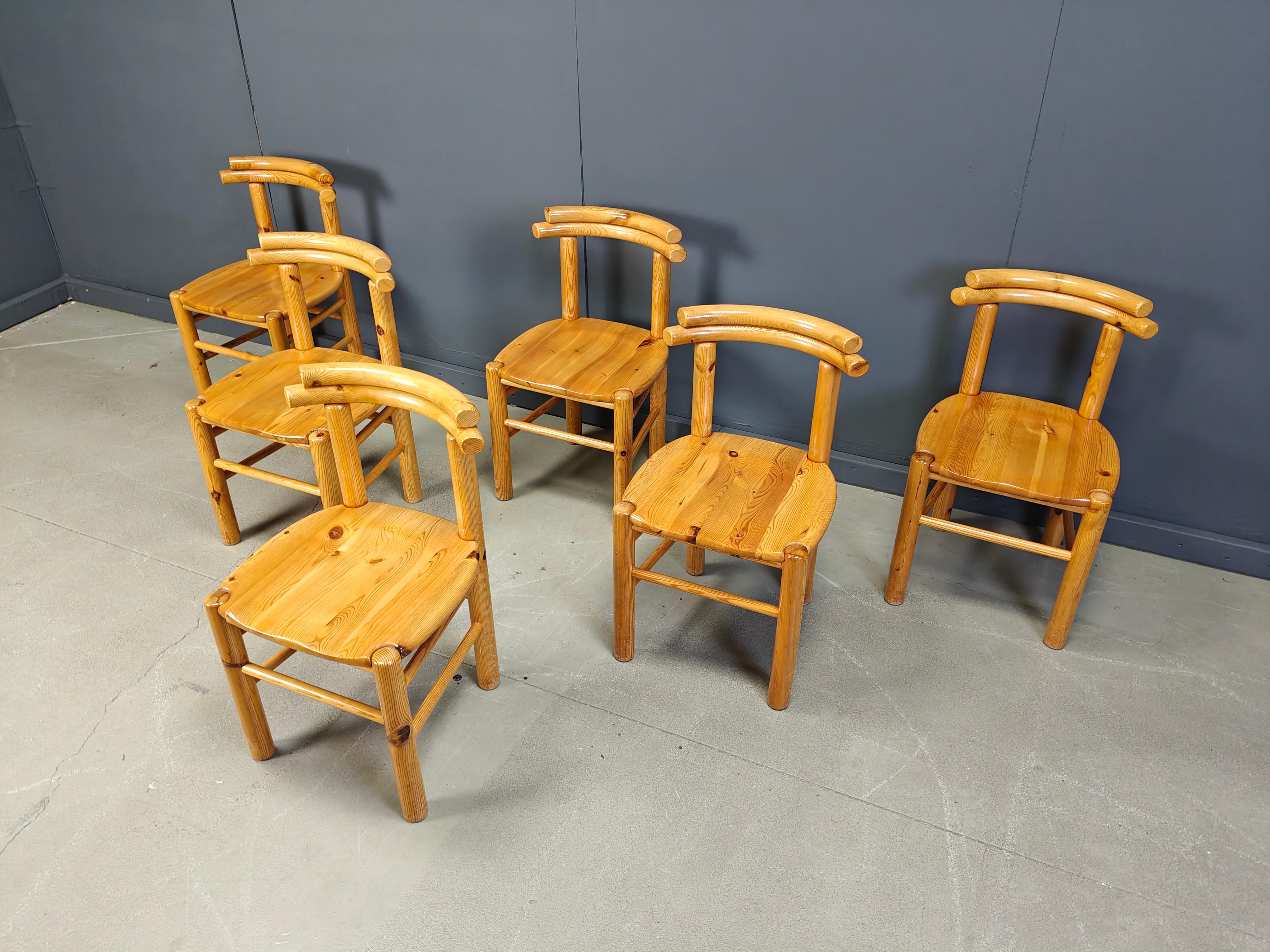 Chaises de salle à manger vintage en bois de pin - années 1980 - lot de 6 en vente 3