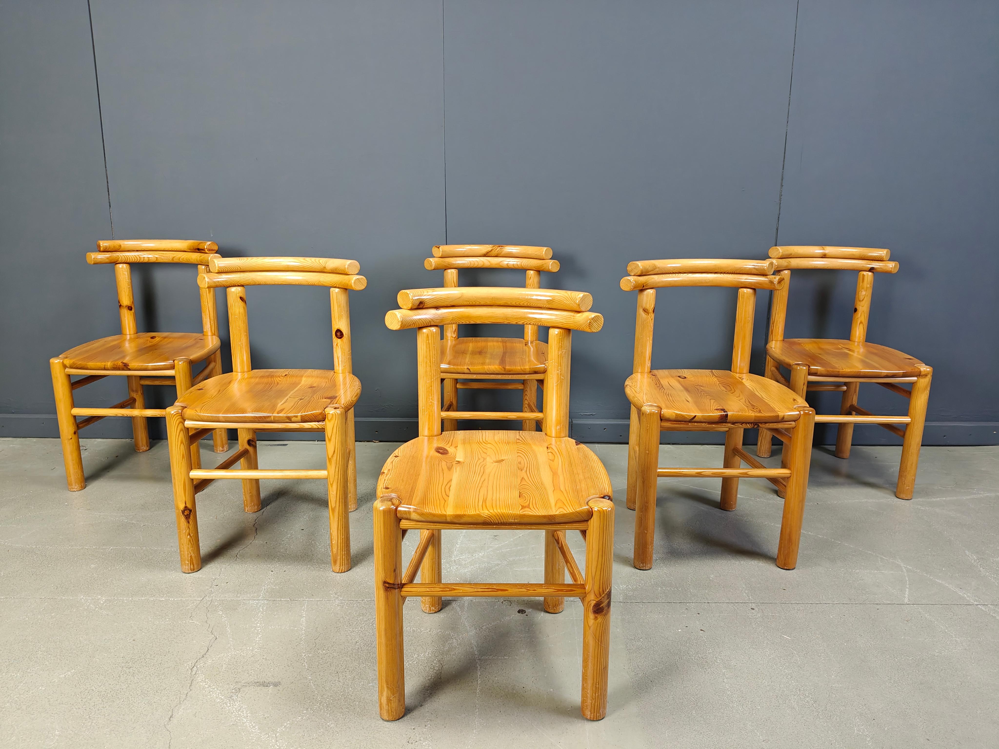 Chaises de salle à manger vintage en bois de pin - années 1980 - lot de 6 en vente 6